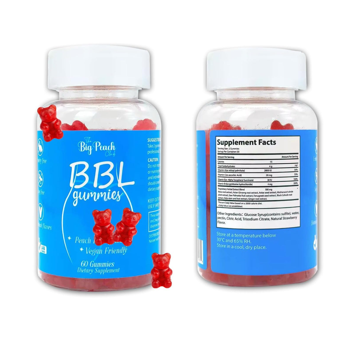Caramelle Gommose BBL per Donne - Supporto per la Crescita dei Glutei al Gusto Pesca con Collagene, Biotina e Miscela di Erbe | Vegane e Cruelty-Free