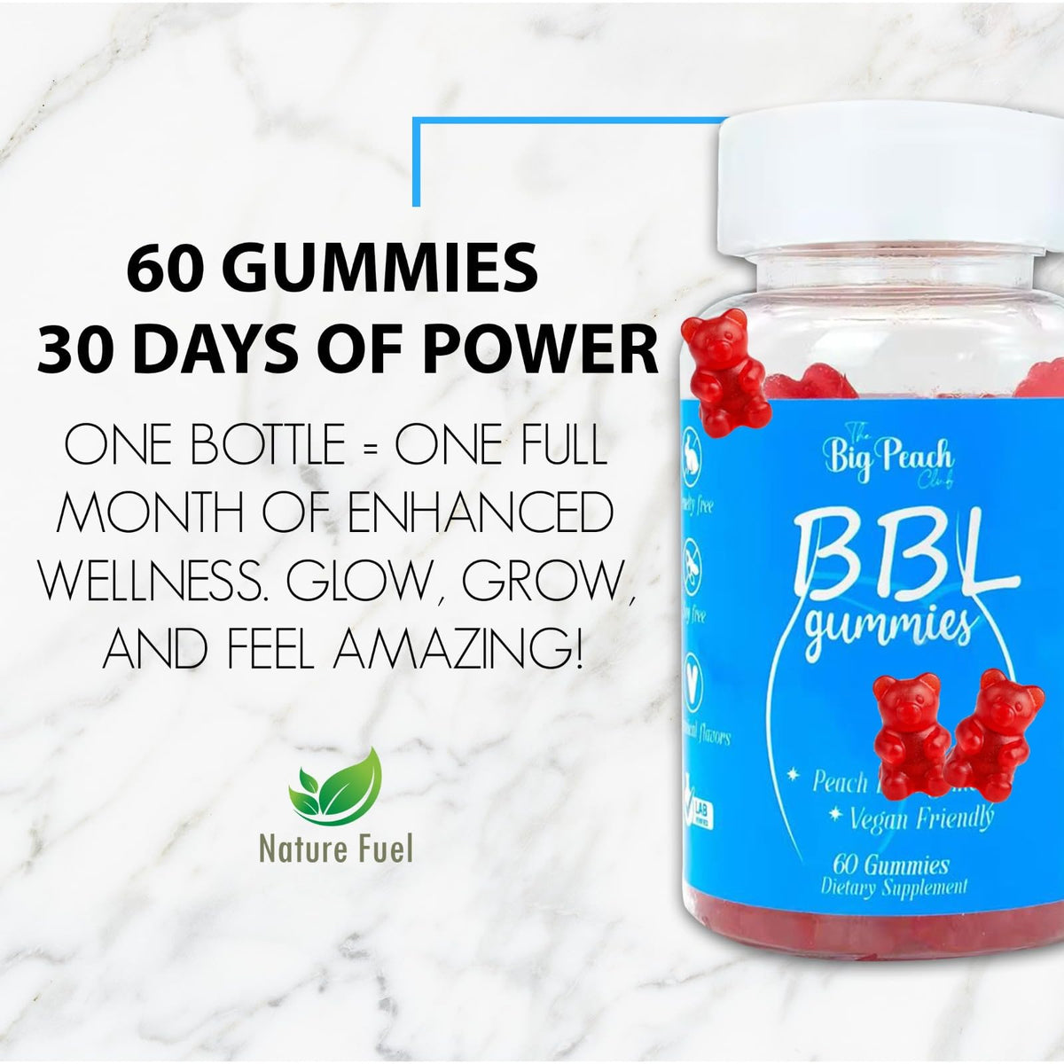 Caramelle Gommose BBL per Donne - Supporto per la Crescita dei Glutei al Gusto Pesca con Collagene, Biotina e Miscela di Erbe | Vegane e Cruelty-Free