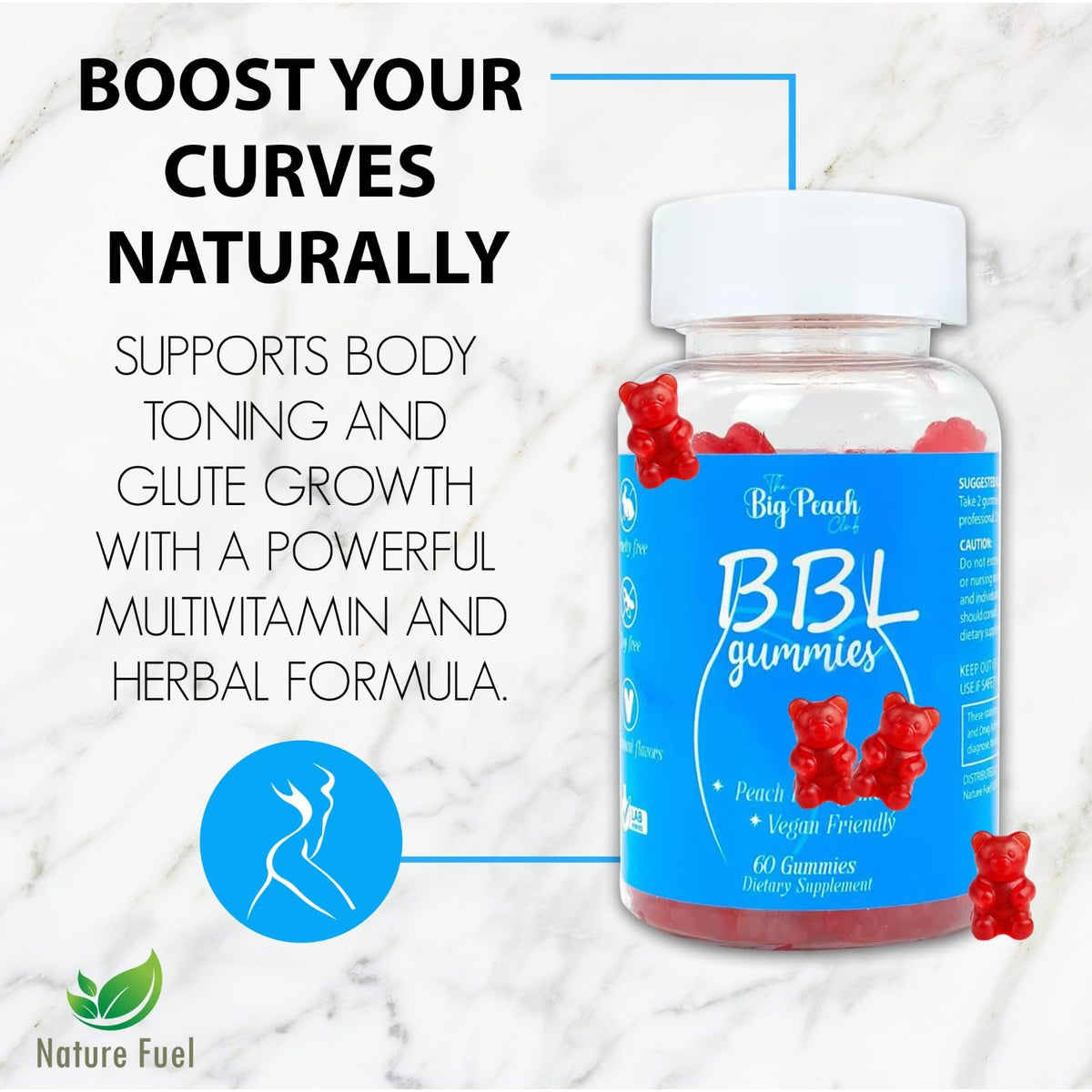 Caramelle Gommose BBL per Donne - Supporto per la Crescita dei Glutei al Gusto Pesca con Collagene, Biotina e Miscela di Erbe | Vegane e Cruelty-Free