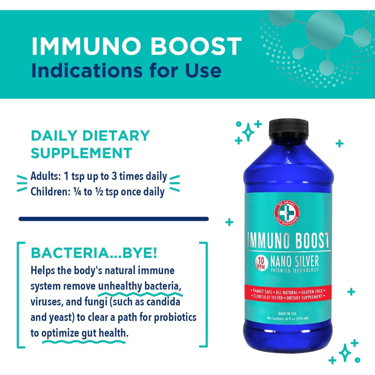 Be Smart Get Prepared Nano Silver Immuno Boost 16 oz β Immune Support, Gluten Free, Vegetarian, Made in USA