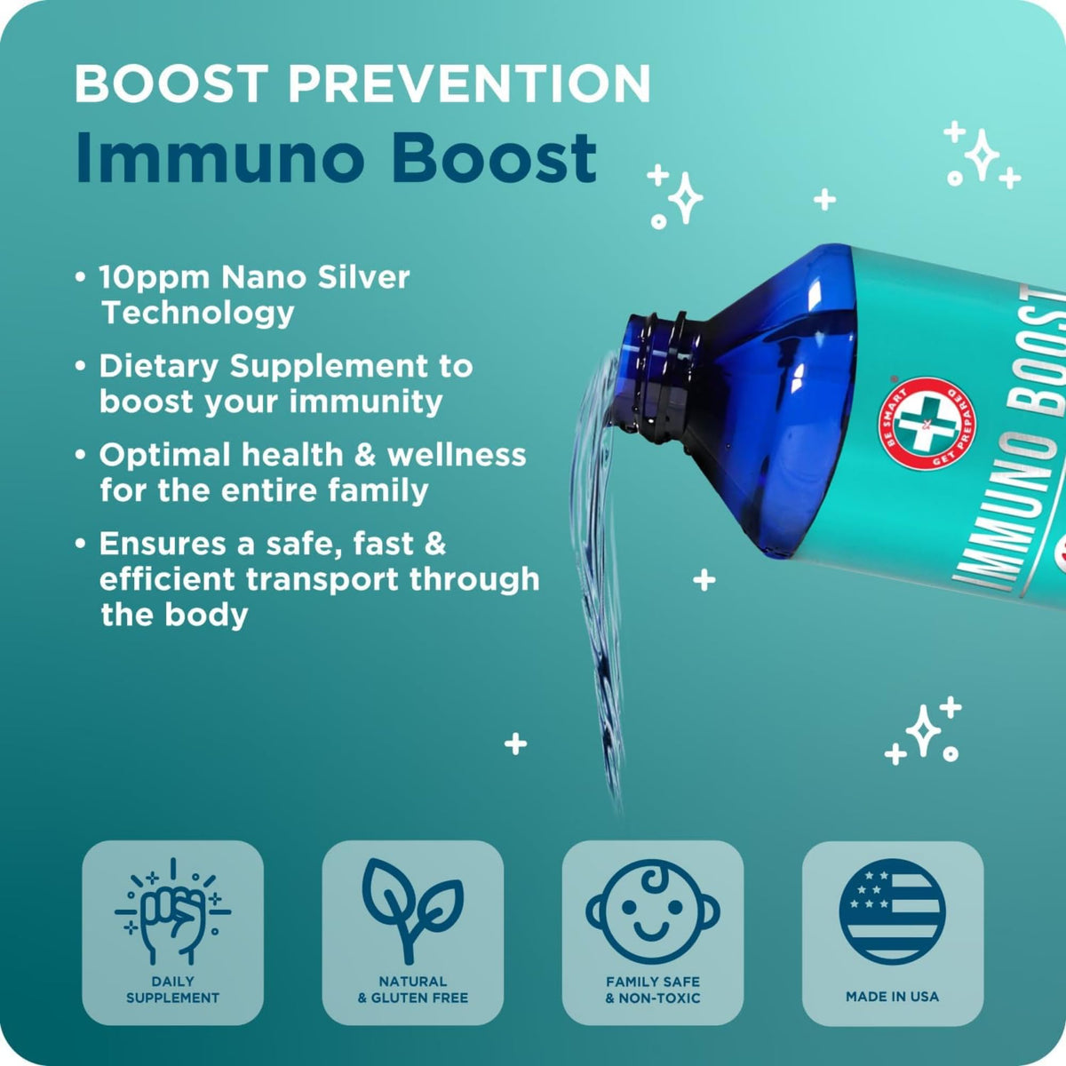 Be Smart Get Prepared Nano Silver Immuno Boost 16 oz β Immune Support, Gluten Free, Vegetarian, Made in USA