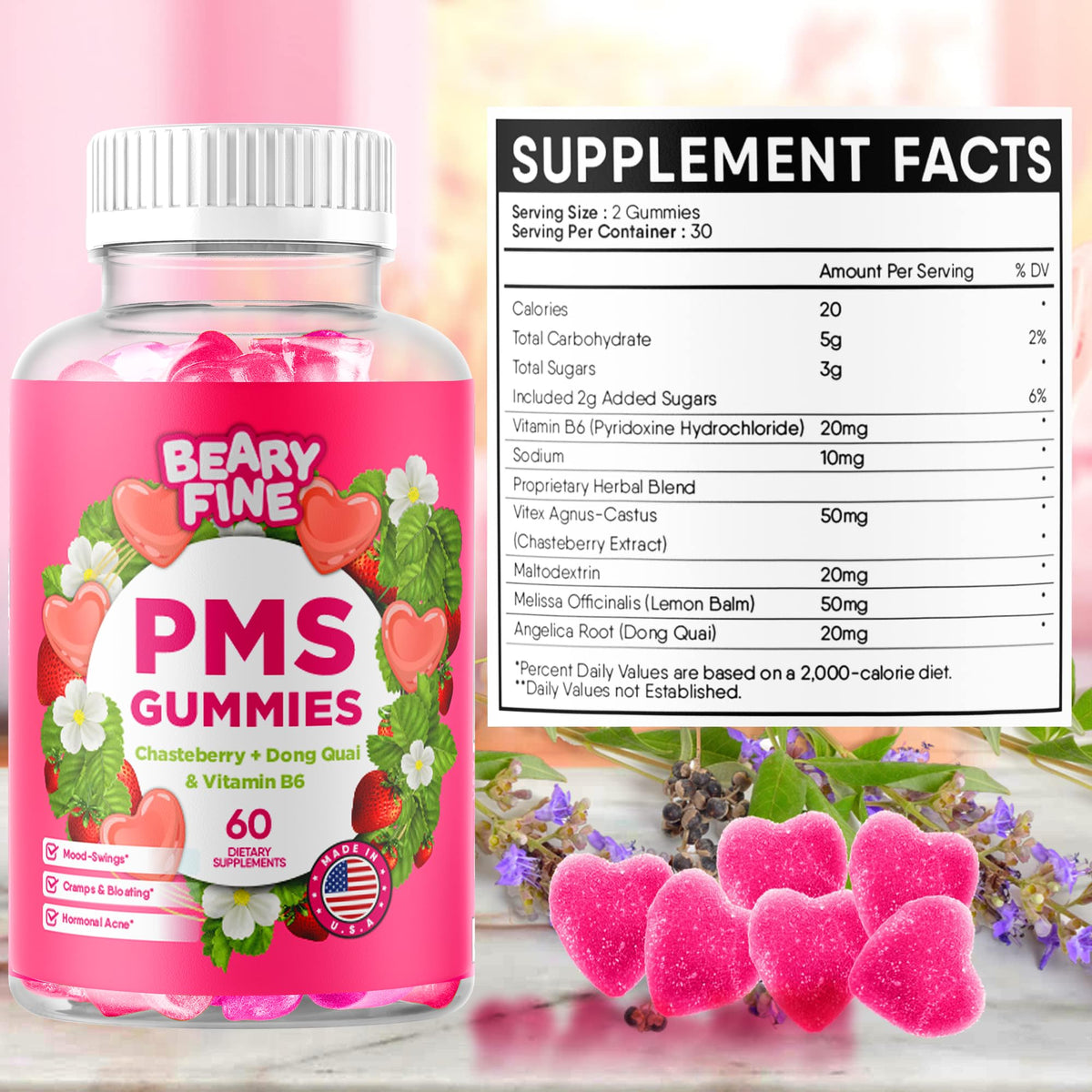 Beary Fine PMS Gummies - Sollievo PMS per Donne e Ragazze, Fragola, 60 Caramelle Gommose - Prodotto negli USA