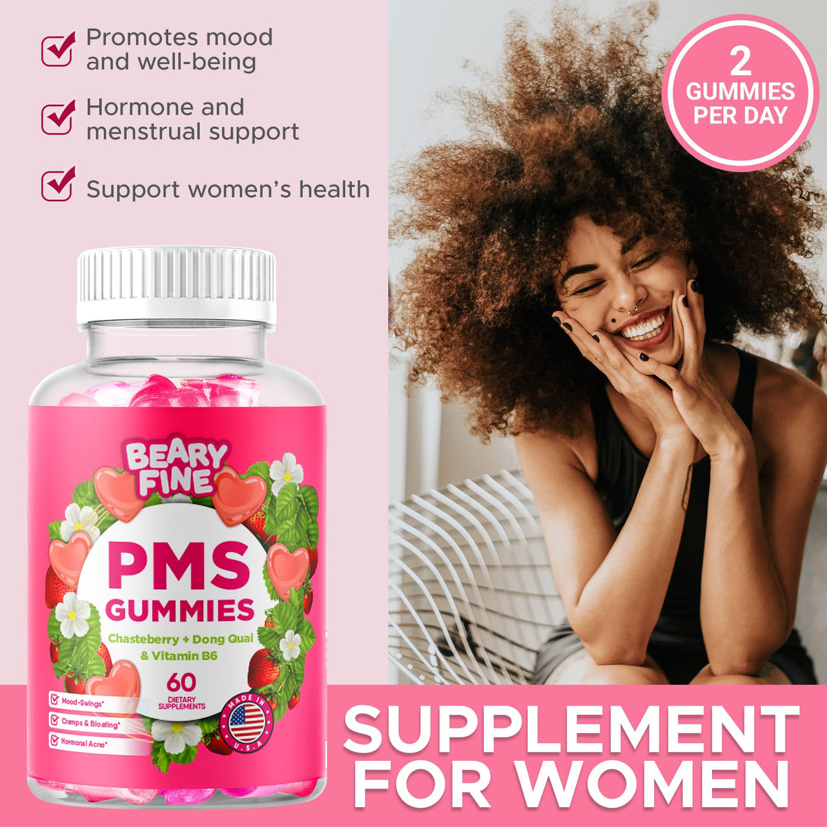 Beary Fine PMS Gummies - Sollievo PMS per Donne e Ragazze, Fragola, 60 Caramelle Gommose - Prodotto negli USA