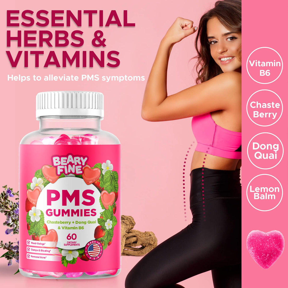 Beary Fine PMS Gummies - Sollievo PMS per Donne e Ragazze, Fragola, 60 Caramelle Gommose - Prodotto negli USA