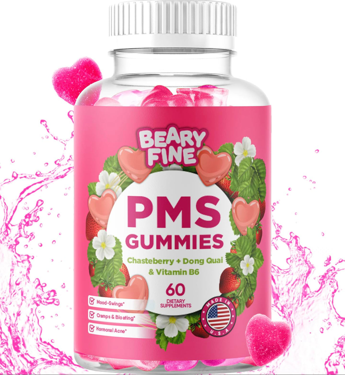 Beary Fine PMS Gummies - Sollievo PMS per Donne e Ragazze, Fragola, 60 Caramelle Gommose - Prodotto negli USA