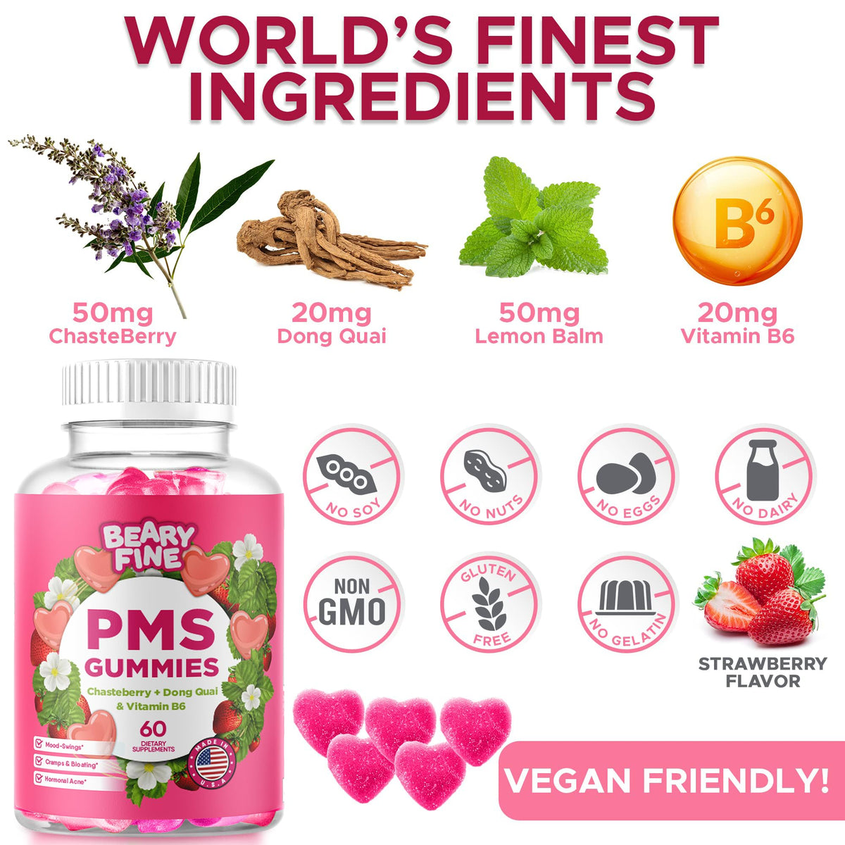 Beary Fine PMS Gummies - Sollievo PMS per Donne e Ragazze, Fragola, 60 Caramelle Gommose - Prodotto negli USA