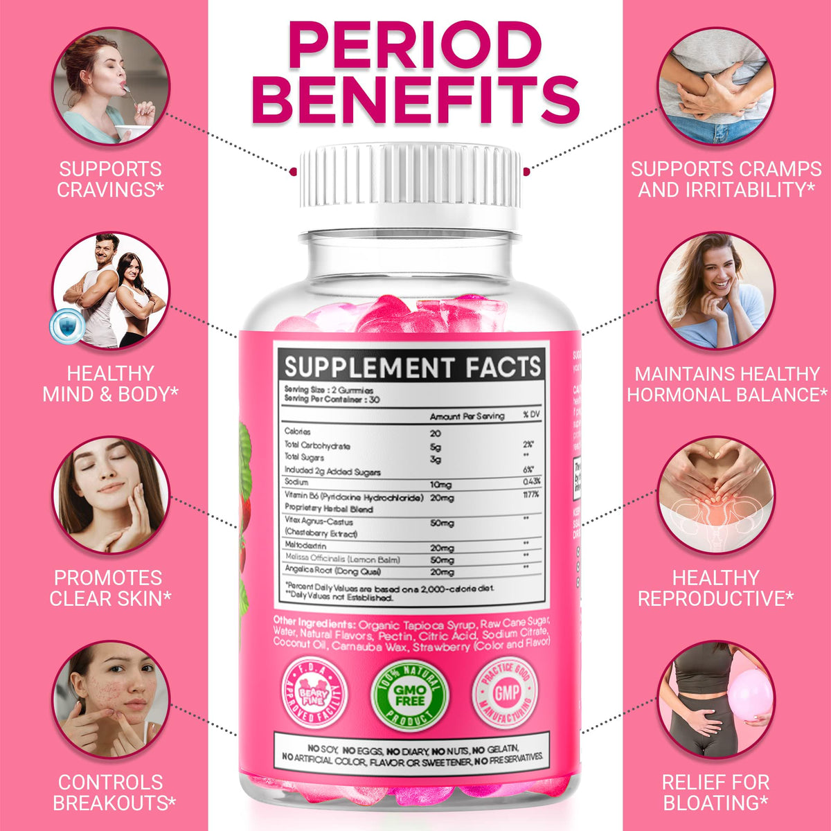 Beary Fine PMS Gummies - Sollievo PMS per Donne e Ragazze, Fragola, 60 Caramelle Gommose - Prodotto negli USA