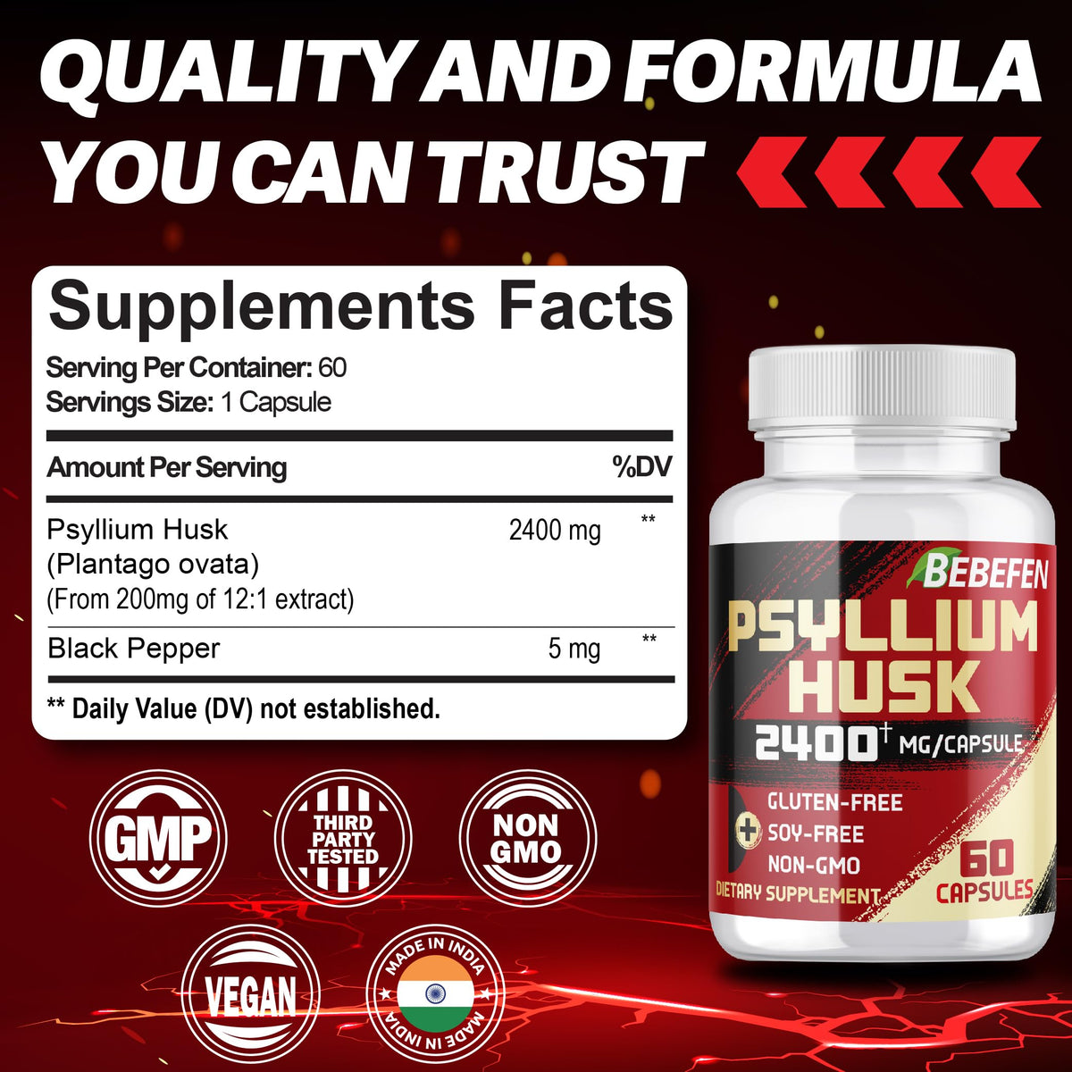 BEBEFEN Psyllium Husk Capsules 2400mg with Black Pepper β 2 Month Supply