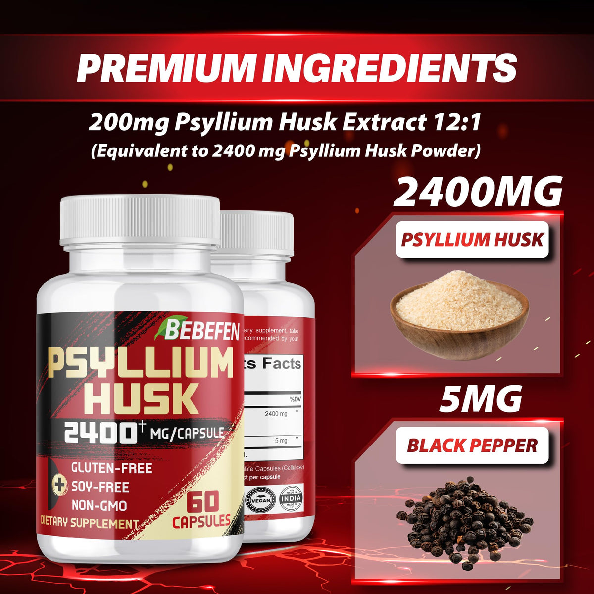 BEBEFEN Psyllium Husk Capsules 2400mg with Black Pepper β 2 Month Supply