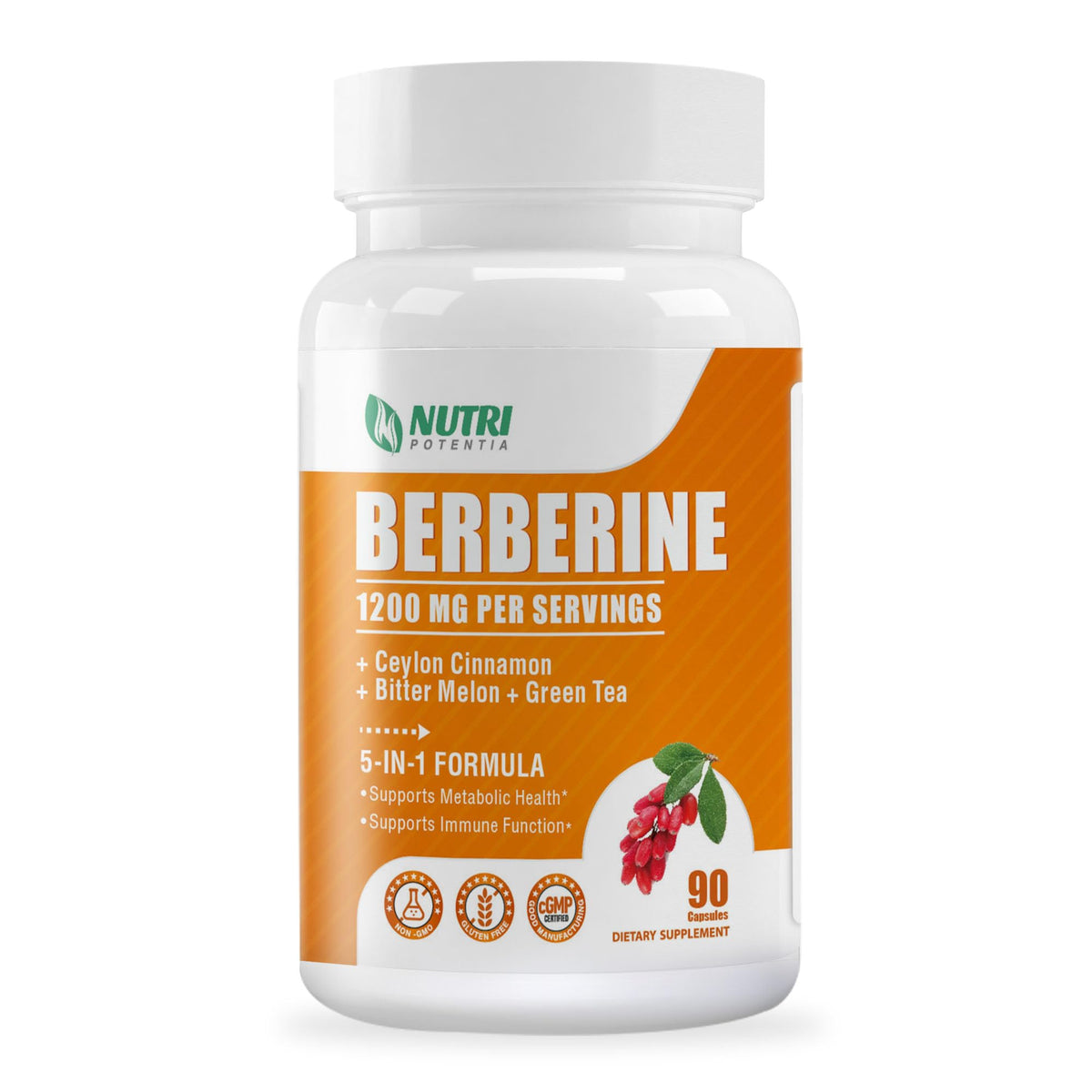 Berberine 1200mg Complex β Berberine HCl with Cinnamon, Bitter Melon & Green Tea (90 Capsules) β Gluten Free & Non-GMO