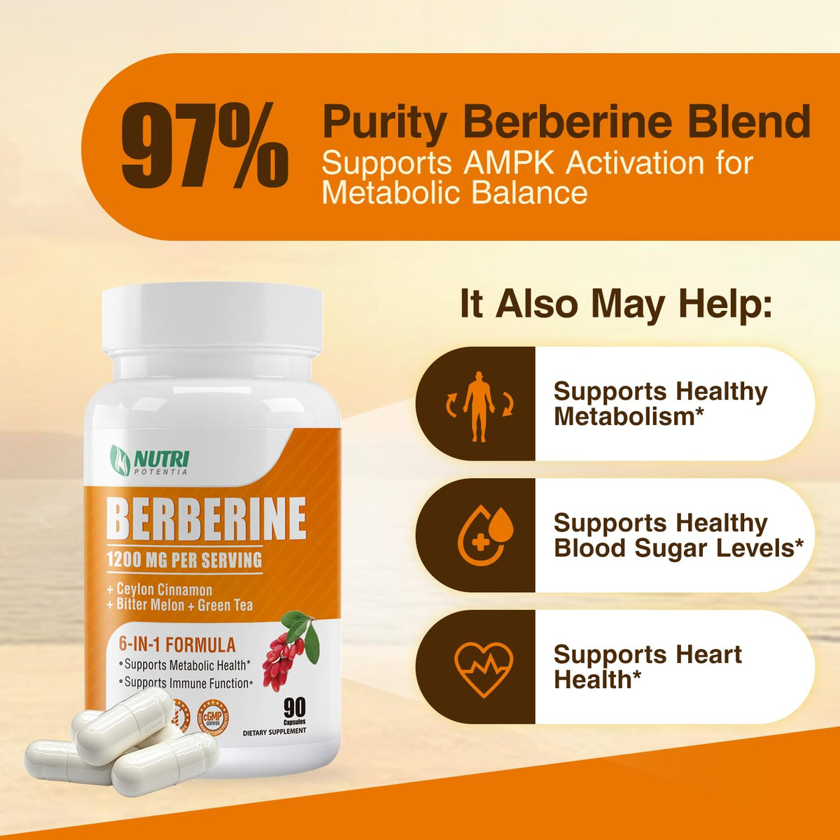 Berberine 1200mg Complex β Berberine HCl with Cinnamon, Bitter Melon & Green Tea (90 Capsules) β Gluten Free & Non-GMO