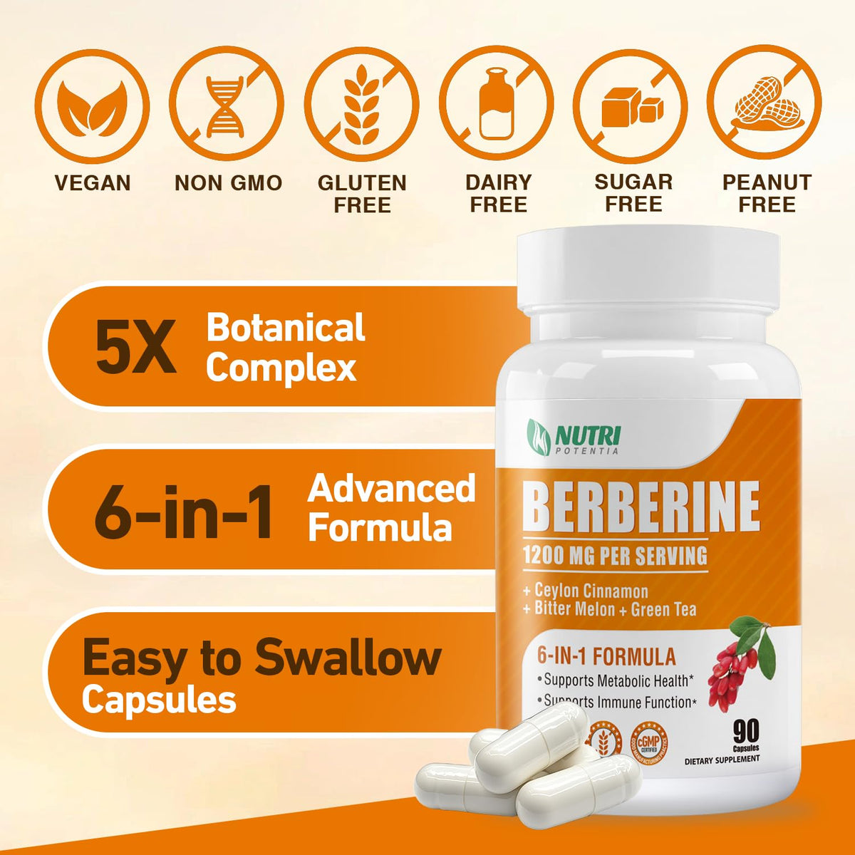 Berberine 1200mg Complex β Berberine HCl with Cinnamon, Bitter Melon & Green Tea (90 Capsules) β Gluten Free & Non-GMO