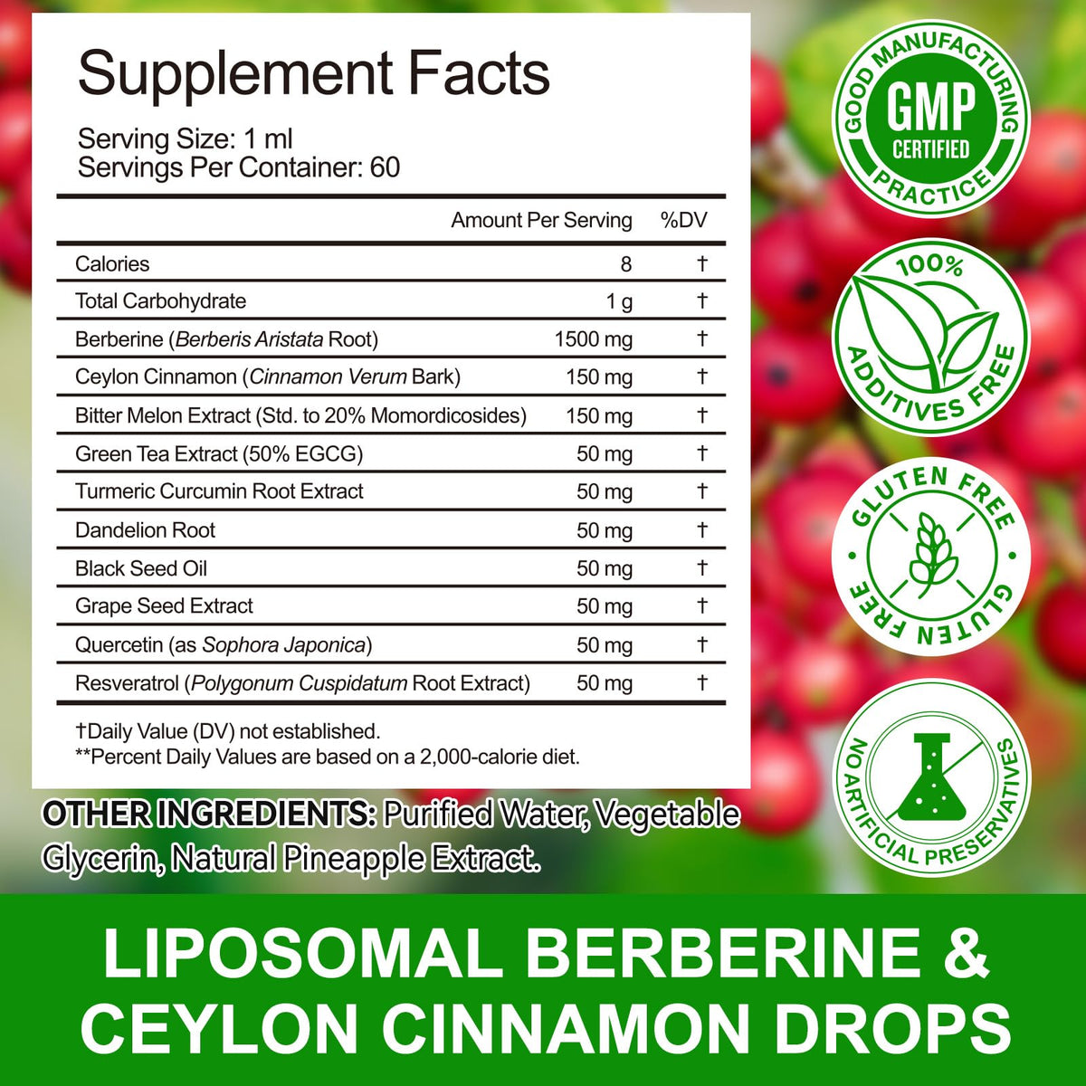 Berberine Liquid Drops 60ml with Ceylon Cinnamon β Immune & Digestive Support