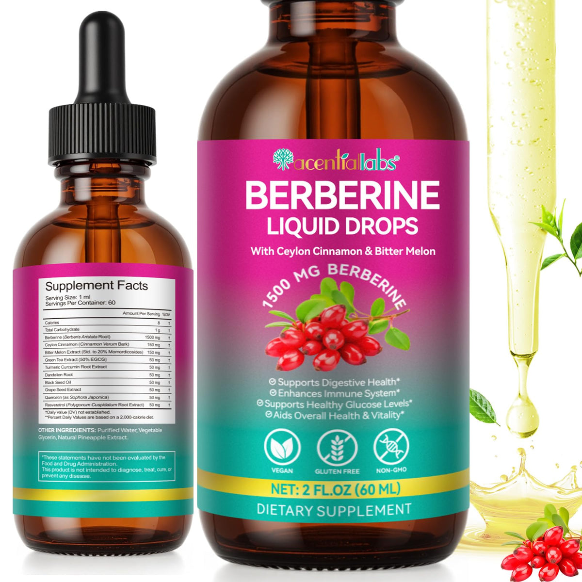 Berberine Liquid Drops 60ml with Ceylon Cinnamon β Immune & Digestive Support