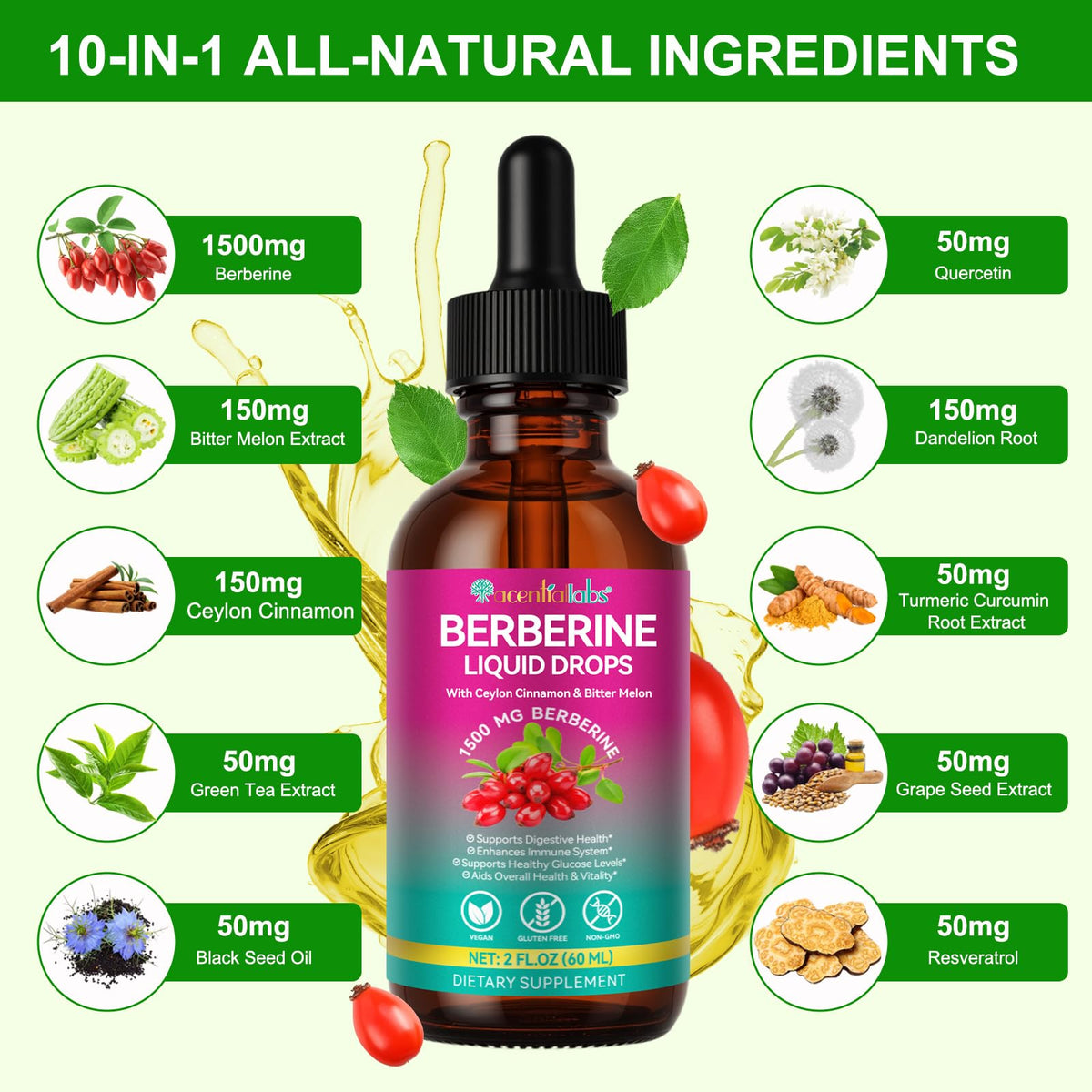 Berberine Liquid Drops 60ml with Ceylon Cinnamon β Immune & Digestive Support