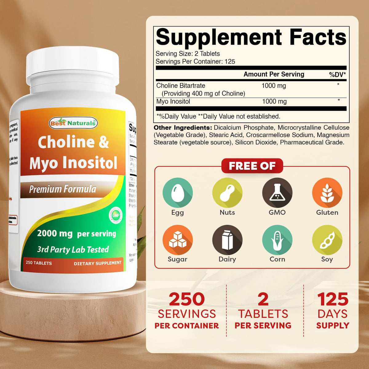 Best Naturals Choline Inositol (Myo-Inositol) 2000 mg per Serving - 250 Tablets | Non-GMO, Gluten Free, Made in USA
