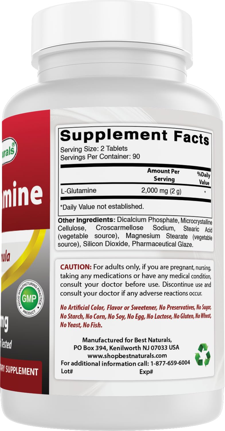 Best Naturals L-Glutamine 1000mg β 180 Count (Non-GMO) Tablets