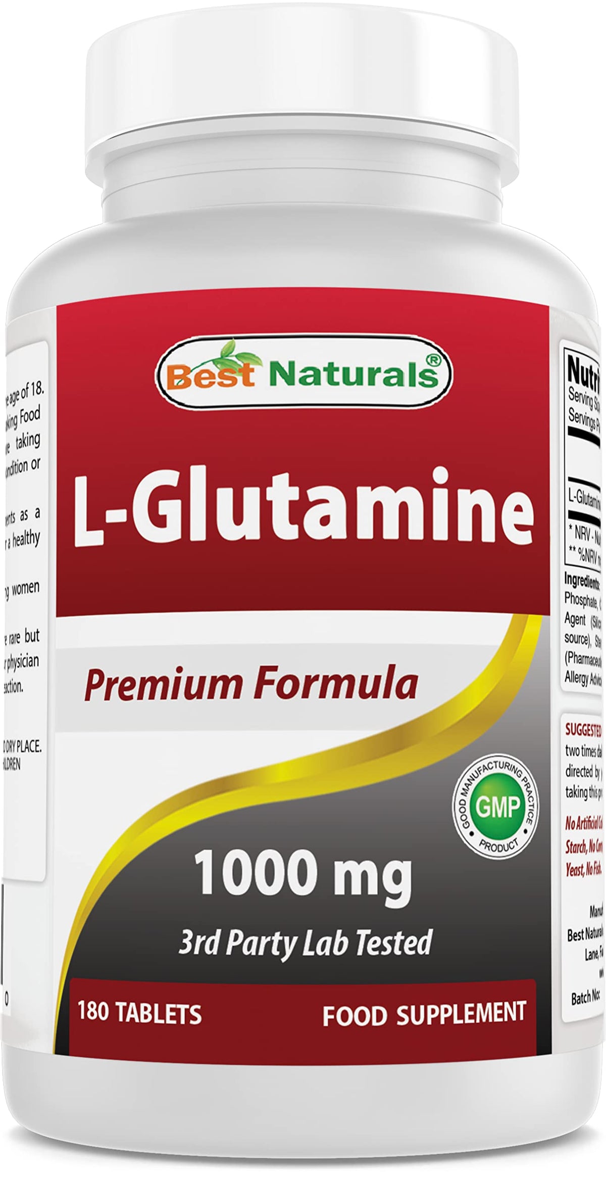 Best Naturals L-Glutamine 1000mg β 180 Count (Non-GMO) Tablets