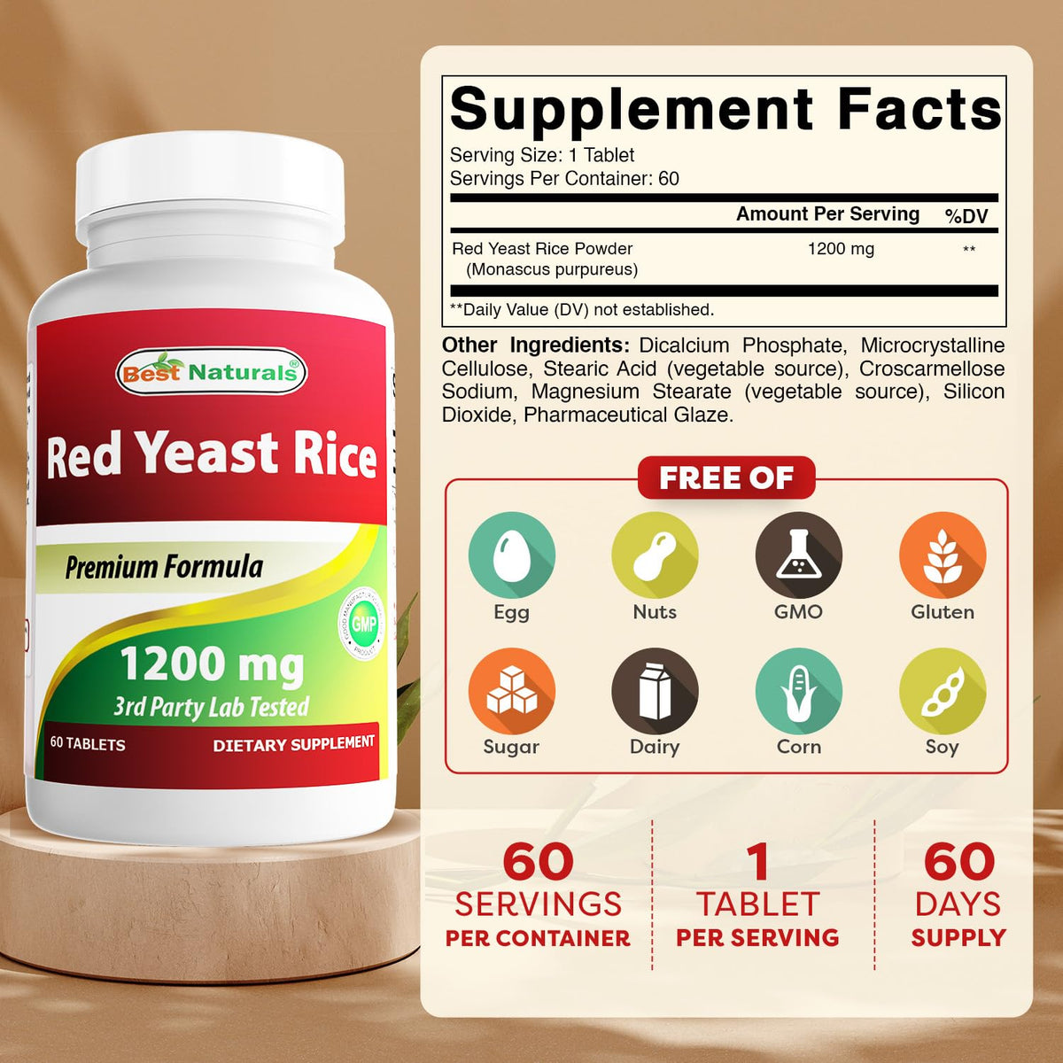 Best Naturals Red Yeast Rice 1200 mg β 60 Tablets (Citrinin Free) | Non-GMO & Gluten-Free