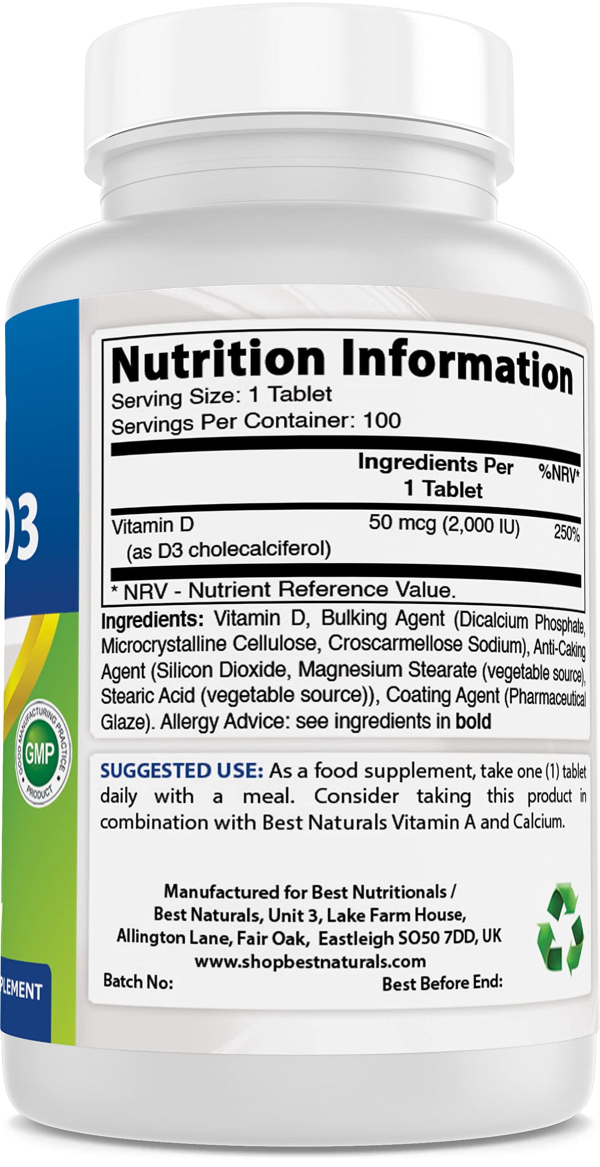 Best Naturals Vitamin D3 2000 IU (50 mcg) – 100 Tablets – Immune Support, Strong Bones & Muscle Function