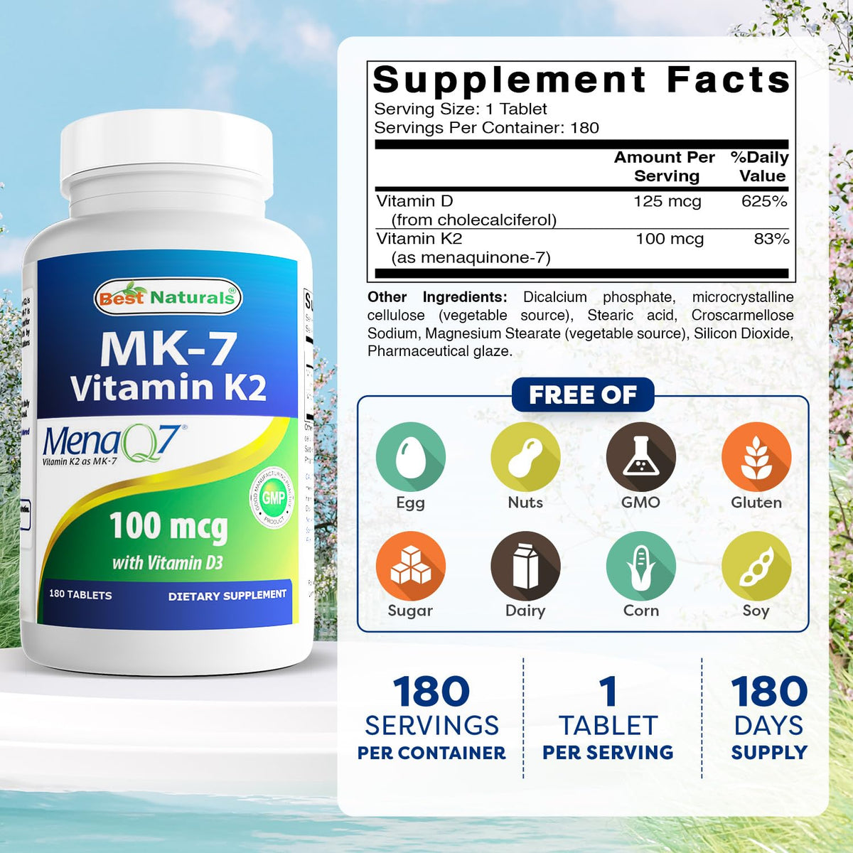 Best Naturals Vitamin K2 MK7 with D3 β 180 Tablets (5,000 IU D3 & 100 mcg K2 MK7) | Non-GMO, USA Made