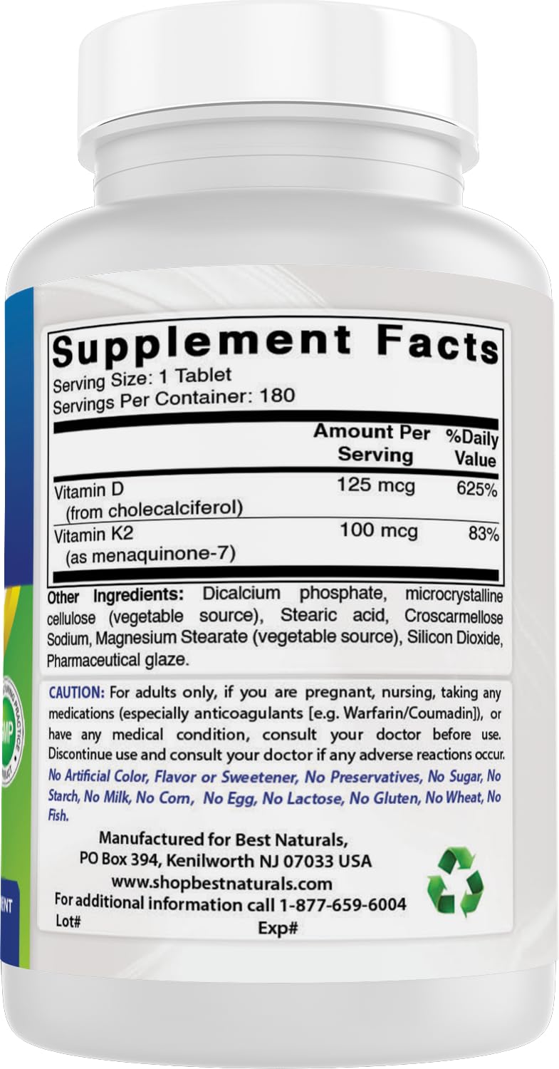 Best Naturals Vitamin K2 MK7 with D3 β 180 Tablets (5,000 IU D3 & 100 mcg K2 MK7) | Non-GMO, USA Made