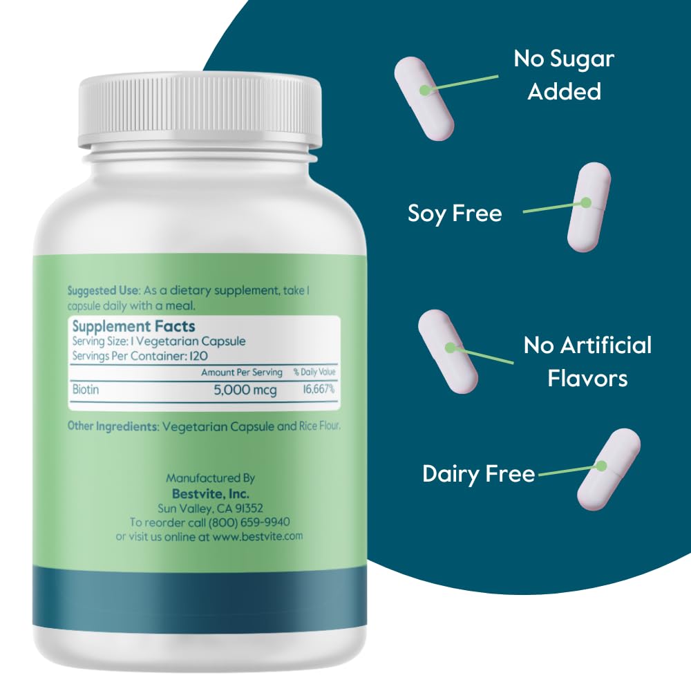 BESTVITE Biotin 5000mcg β 120 Vegetarian Capsules | No Stearates | Vegan | Gluten Free