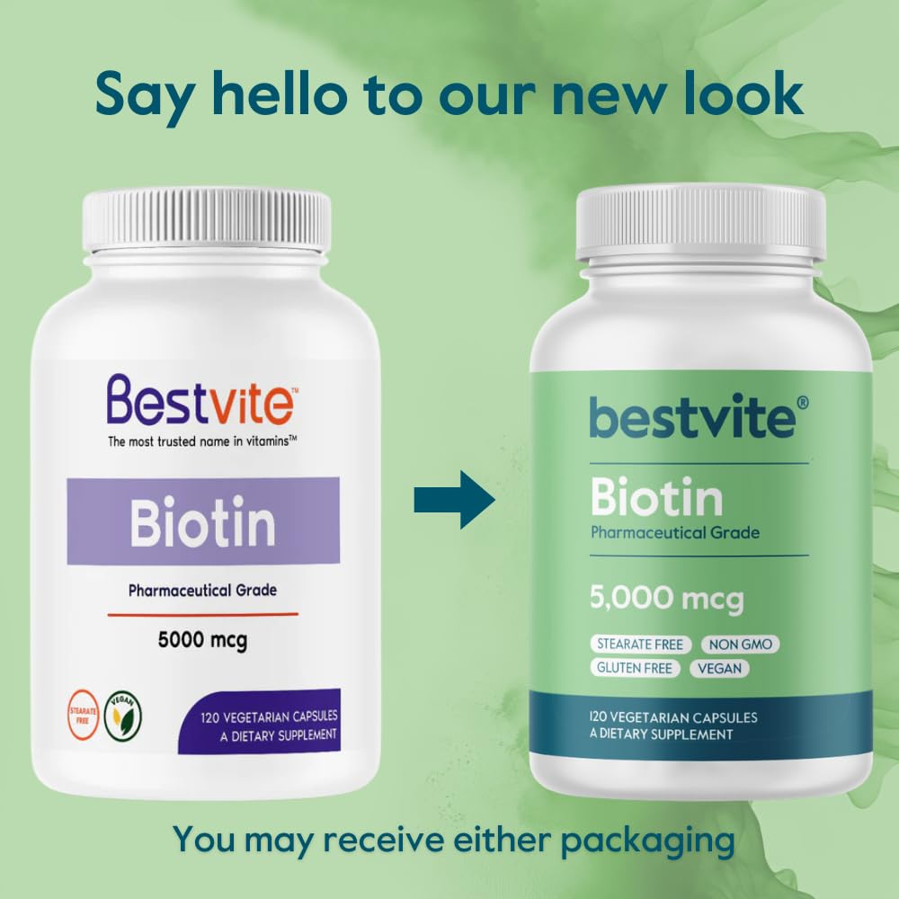 BESTVITE Biotin 5000mcg β 120 Vegetarian Capsules | No Stearates | Vegan | Gluten Free
