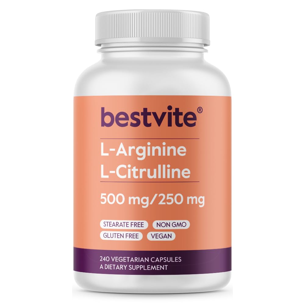 BESTVITE L-Arginine L-Citrulline 500mg/250mg Vegan β 240 Veg Capsules | Gluten Free, Non-GMO