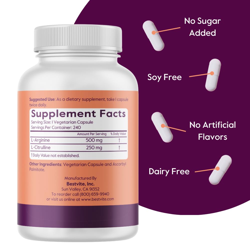 BESTVITE L-Arginine L-Citrulline 500mg/250mg Vegan β 240 Veg Capsules | Gluten Free, Non-GMO