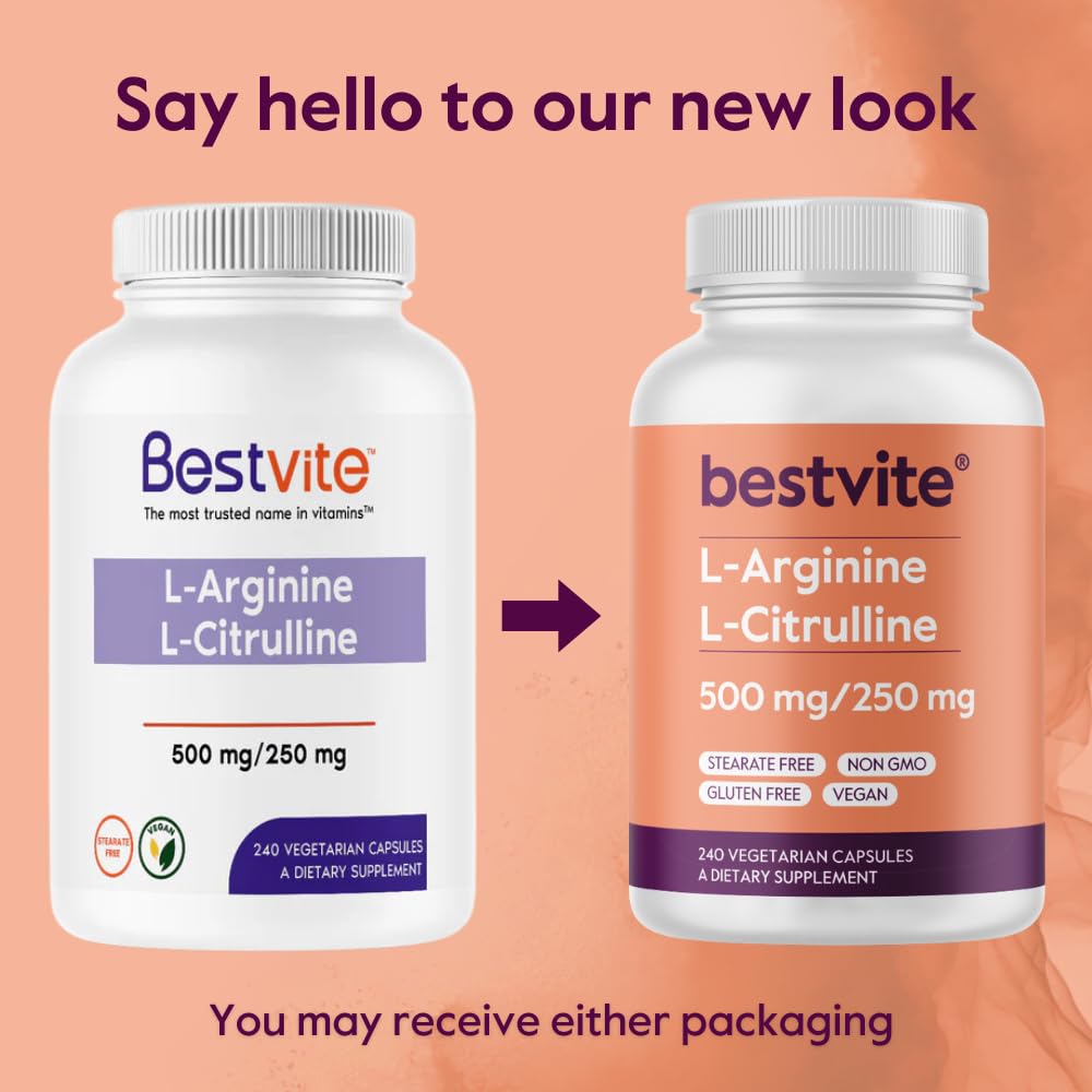 BESTVITE L-Arginine L-Citrulline 500mg/250mg Vegan β 240 Veg Capsules | Gluten Free, Non-GMO