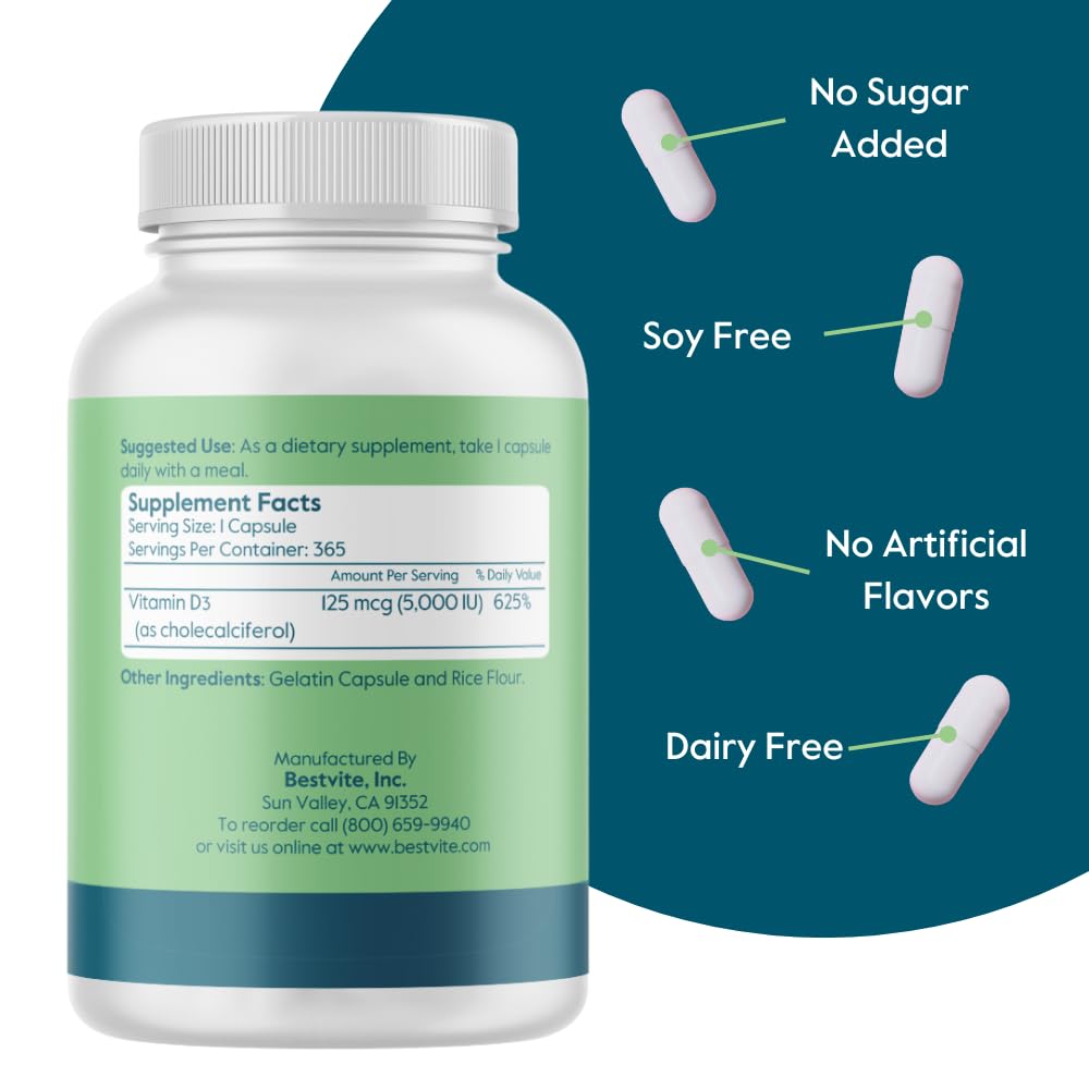 BESTVITE Vitamin D3 5000 IU β 365 Capsules | No Stearates, Gluten Free, Non-GMO
