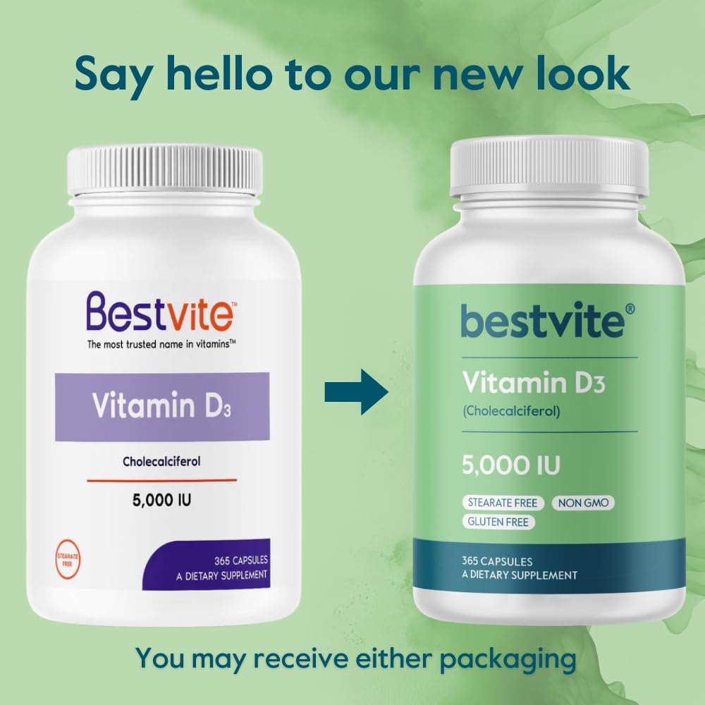 BESTVITE Vitamin D3 5000 IU β 365 Capsules | No Stearates, Gluten Free, Non-GMO