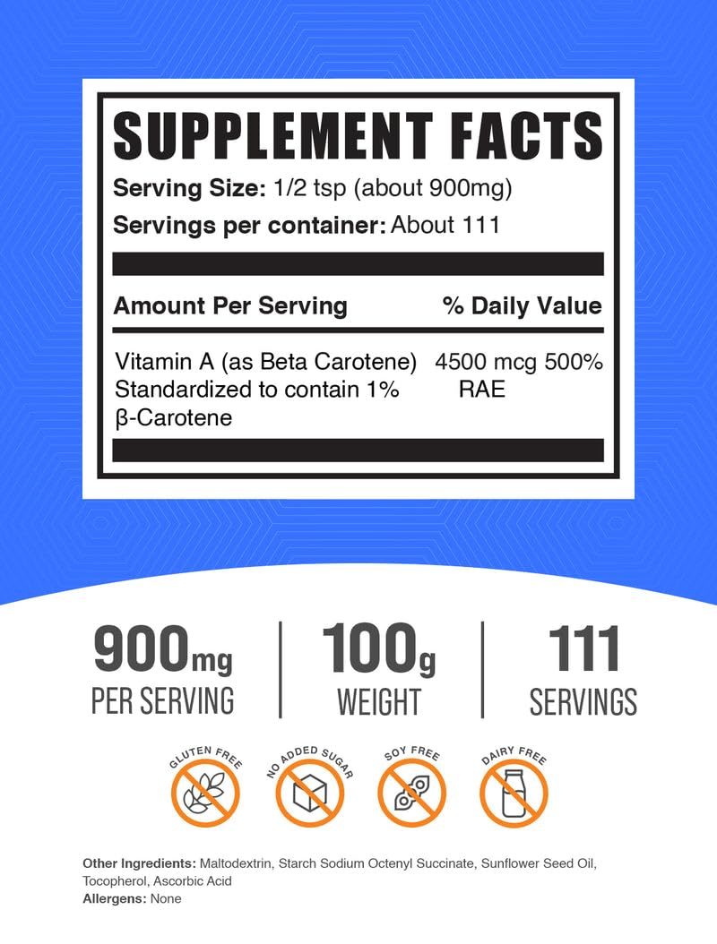 مسحوق بيتا كاروتين من BulkSupplements - دعم فيتامين أ لصحة المناعة والبصر | خالٍ من الغلوتين، 900 ملغ لكل جرعة، 100 غرام (عبوة واحدة)