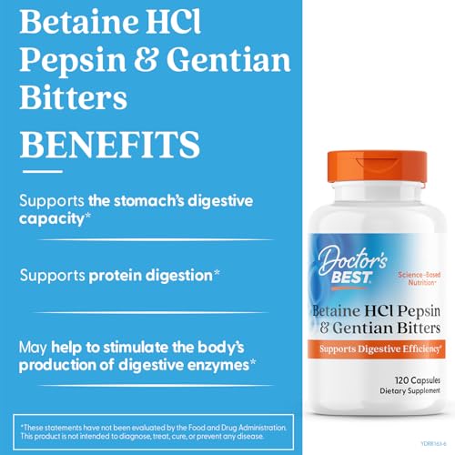Doctor's Best Betaine HCl Pepsin & Gentian Bitters – الإنزيمات الهاضمة، 120 كبسولة، غير معدلة وراثيًا، خالي من الغلوتين | النسخة الأصلية