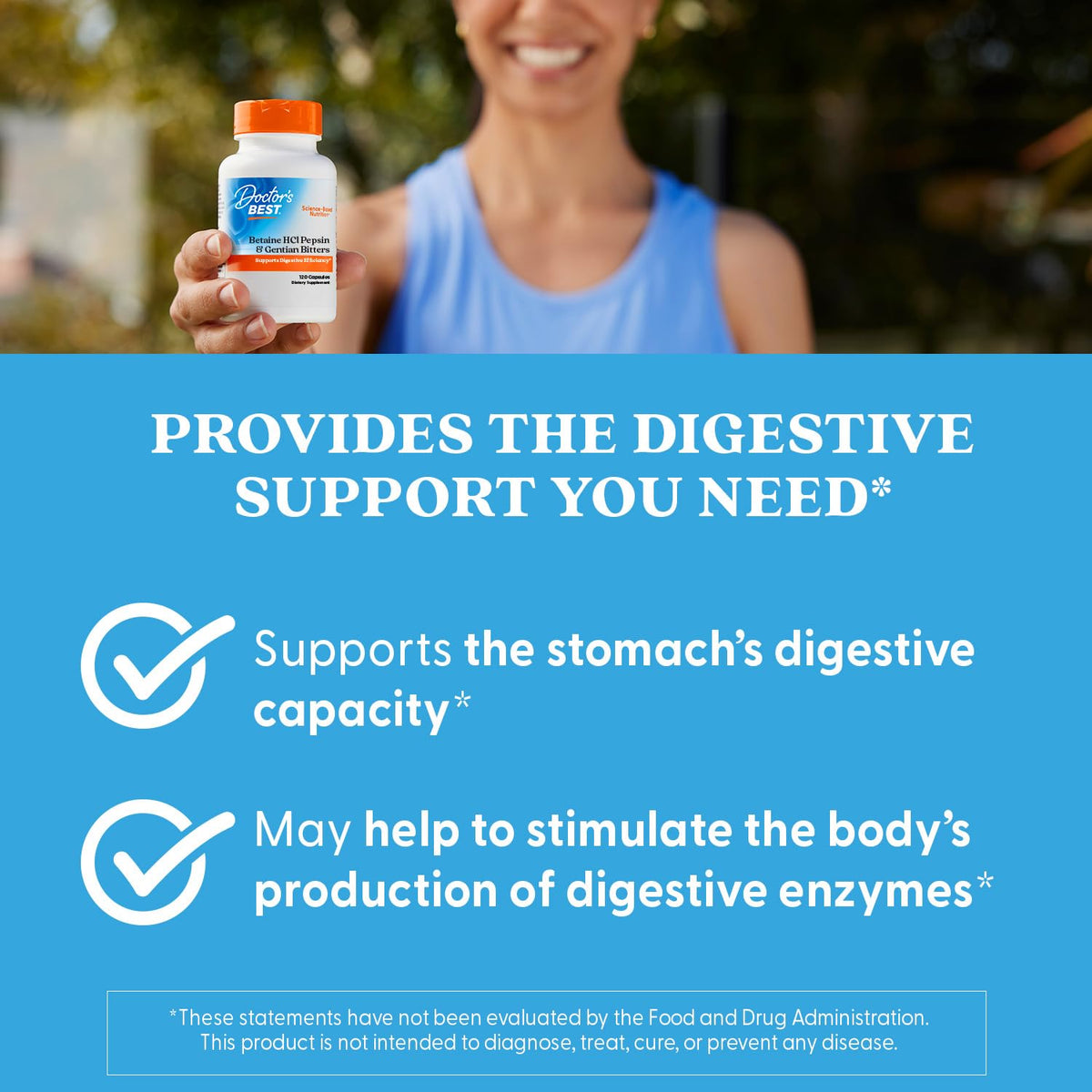 Doctor's Best Betaine HCl Pepsin & Gentian Bitters – الإنزيمات الهاضمة، 120 كبسولة، غير معدلة وراثيًا، خالي من الغلوتين | النسخة الأصلية