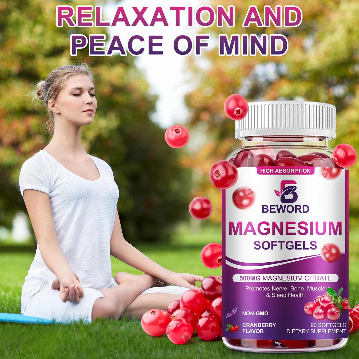 BEWORD Magnesium Citrate Softgels 500mg | 90 Capsules β Calm Sleep & Muscle & Bone Health