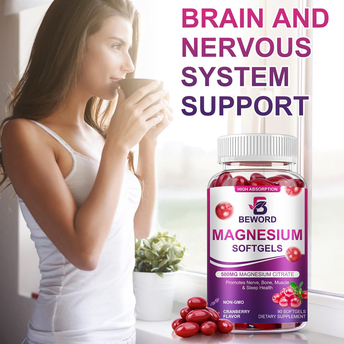 BEWORD Magnesium Citrate Softgels 500mg | 90 Capsules β Calm Sleep & Muscle & Bone Health