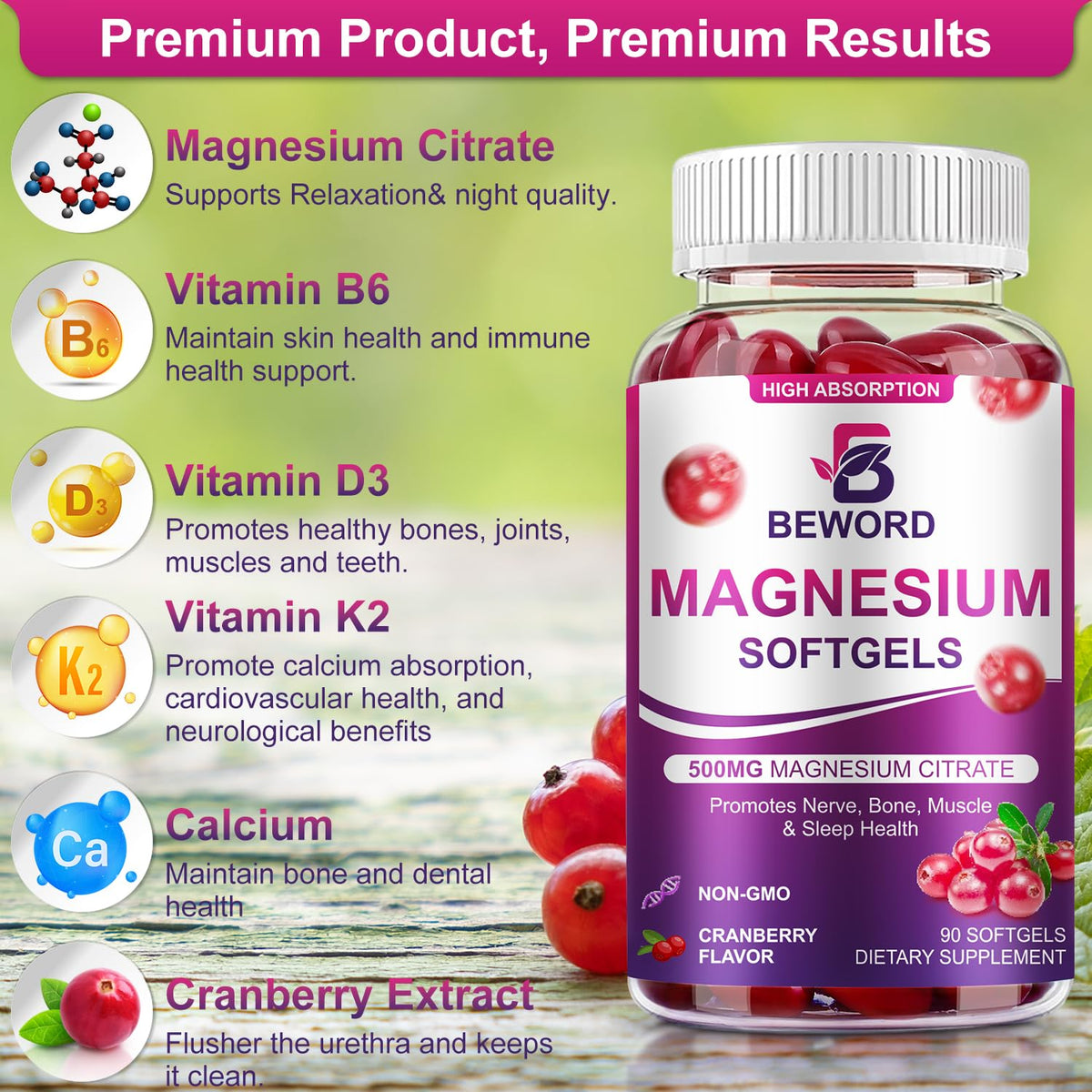 BEWORD Magnesium Citrate Softgels 500mg | 90 Capsules β Calm Sleep & Muscle & Bone Health