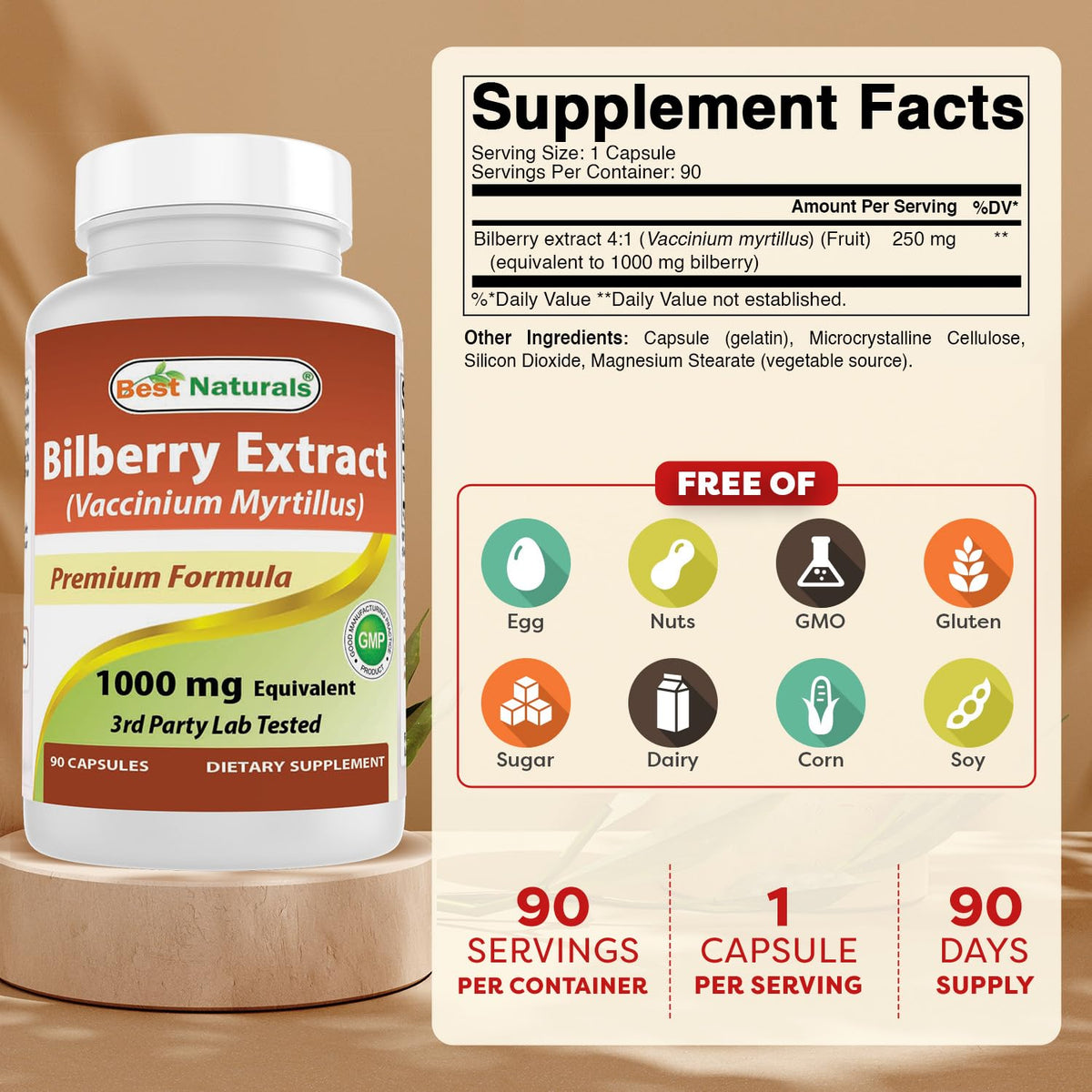 Best Naturals Bilberry Extract 1000mg Capsule (Non-GMO) Supports Healthy Vision, 90 Count