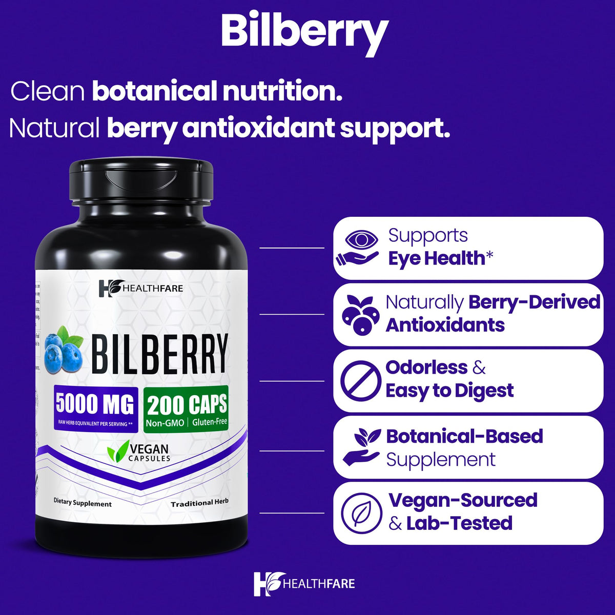 مكمل Healthfare Bilberry لدعم صحة العين - 5000 ملجم خلاصة | لصحة البصر والعين