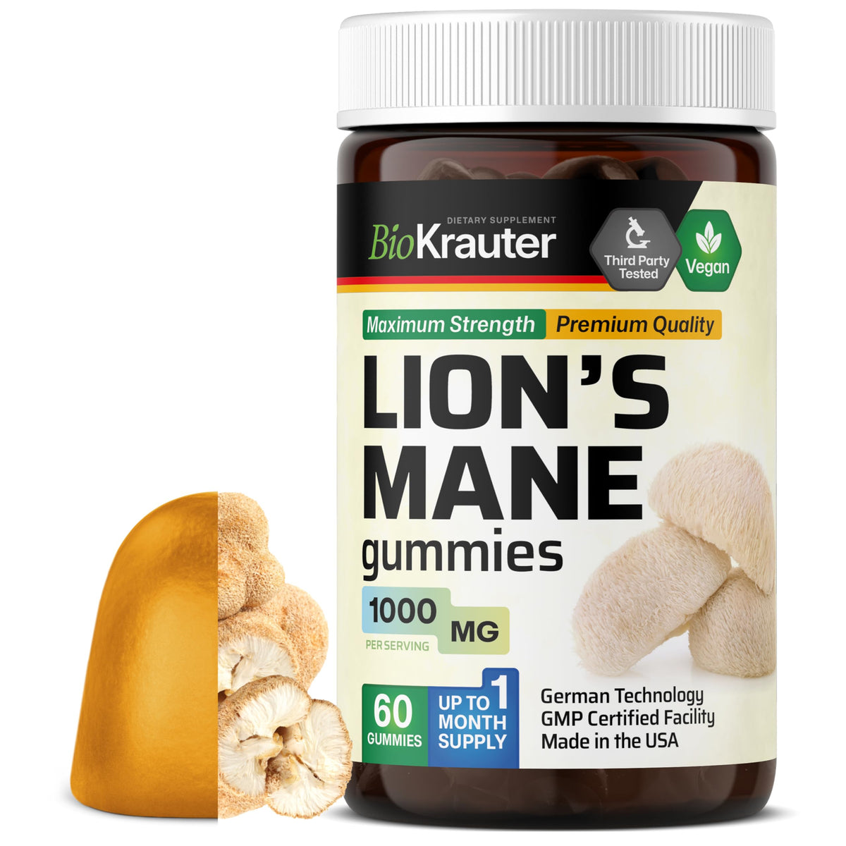 BIO KRAUTER Lions Mane Gummies for Adults - 1000 mg Strength - 60 Vegan Mushroom Supplement Chews - Lions Mane Supplement for Brain - Gelatine-Free