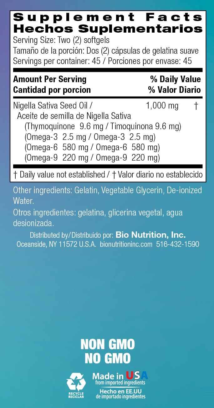 Bio Nutrition Black Seed Oil Premium 90 Softgels β Cold Pressed for Hair & Skin