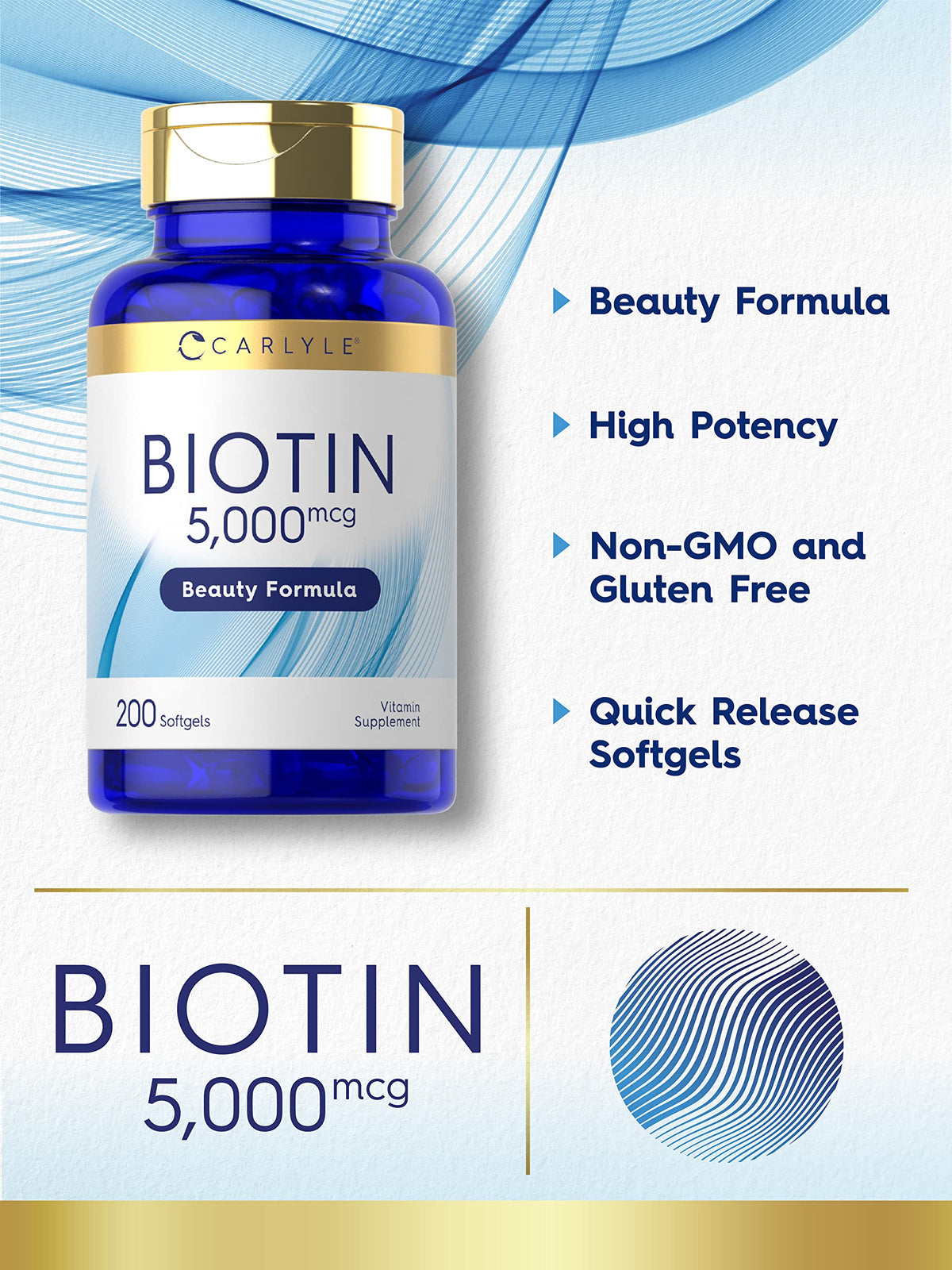 Carlyle Biotin 5000mcg Softgels β 200 Count | Hair, Skin & Nails Vitamin | Non-GMO, Gluten Free