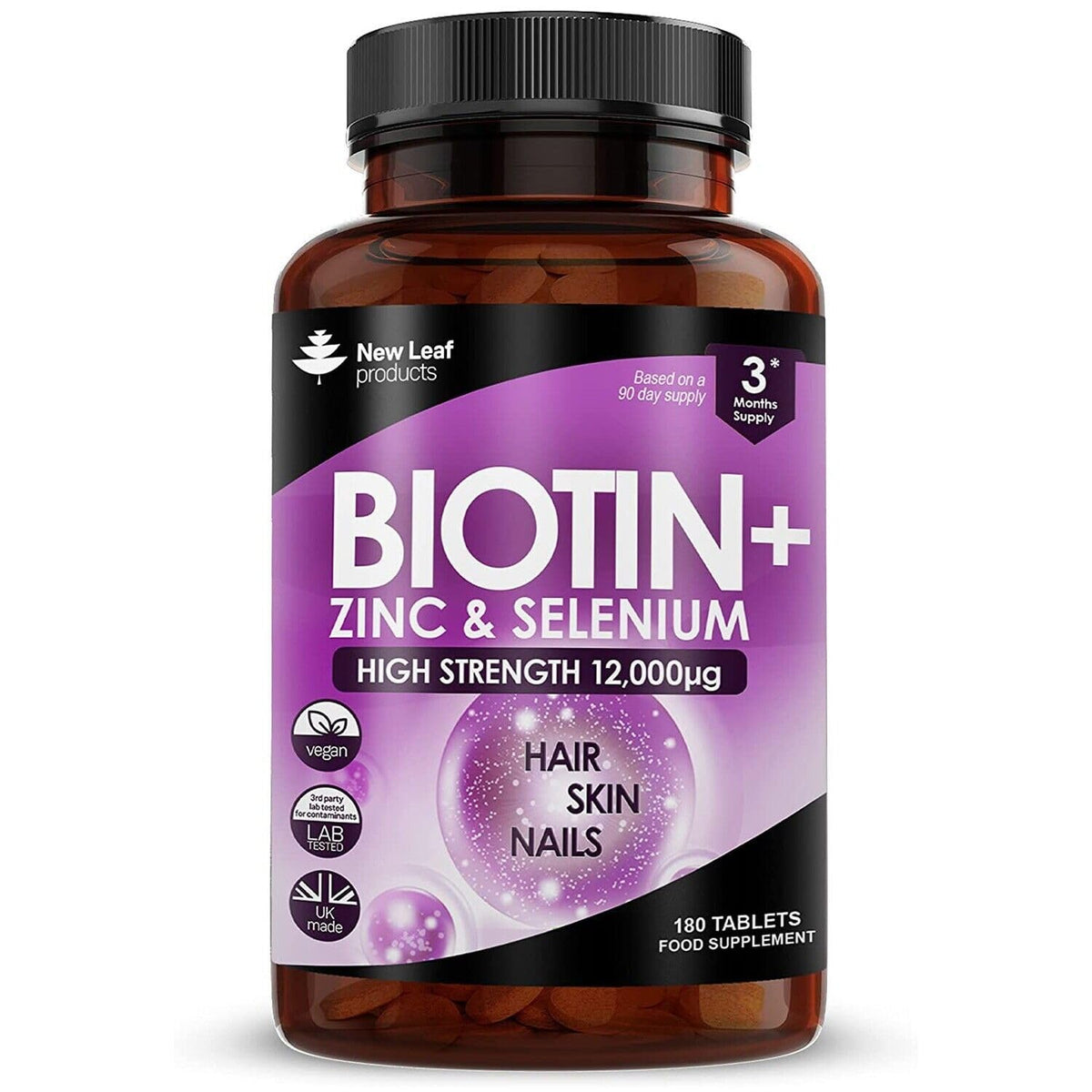 Biotin Hair Growth Vitamins 12000mcg β High Strength, Coconut Oil | Vegan & UK Made | New Leaf