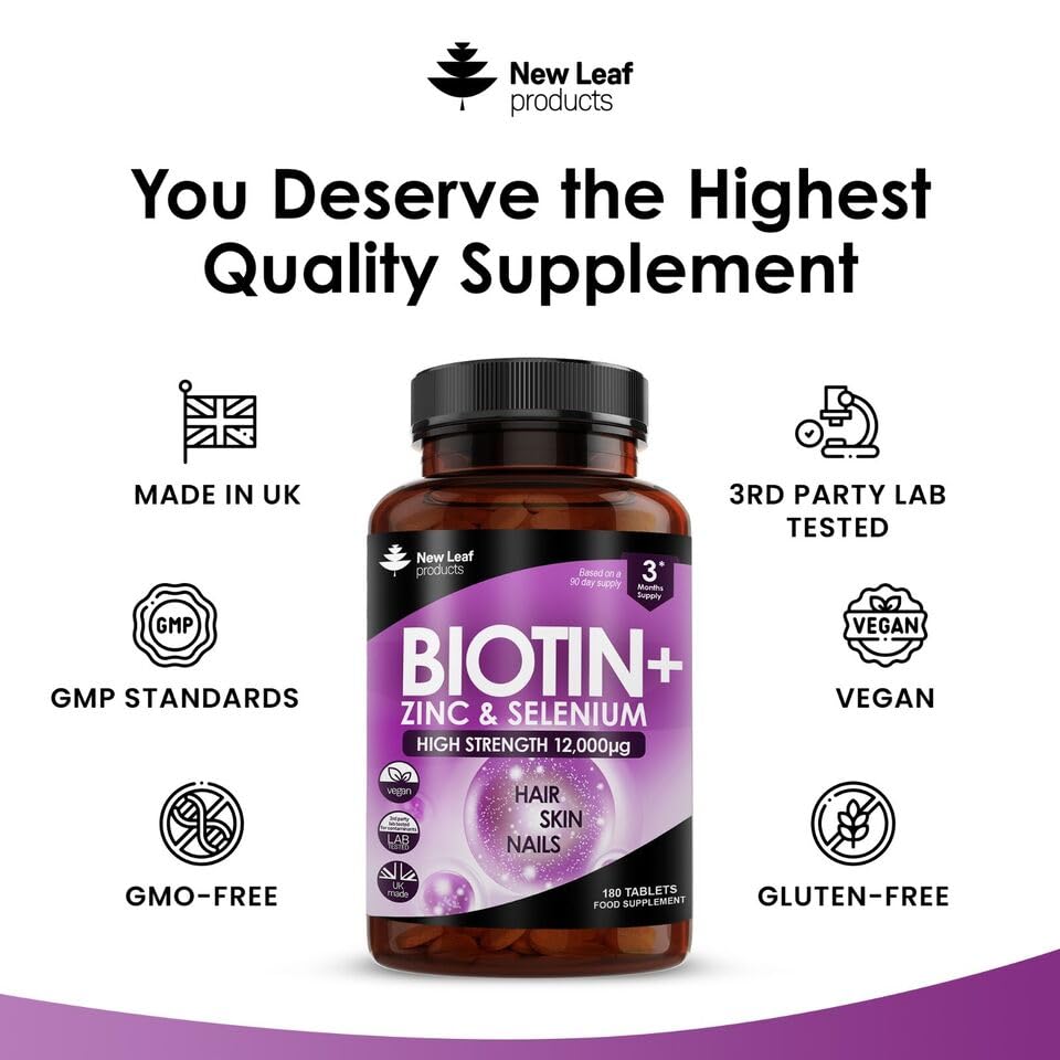 Biotin Hair Growth Vitamins 12000mcg β High Strength, Coconut Oil | Vegan & UK Made | New Leaf