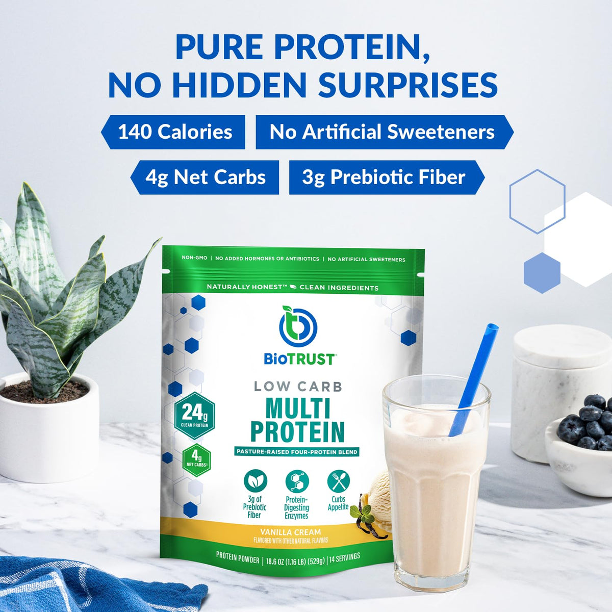 BioTrust Low Carb Protein Powder – Vaniglia (Confezione da 3) | Miscela di Siero di Latte e Caseina da Bovini Nutriti ad Erba