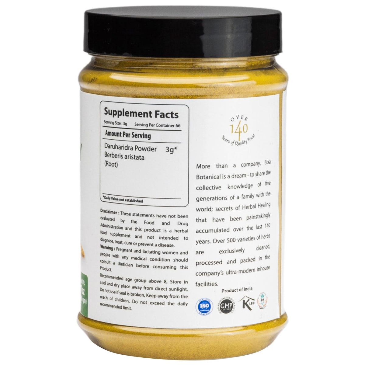 bixa BOTANICAL Berberry Root Powder | Berberis Aristata (Daruharidra) β Ayurvedic Herbal Supplement