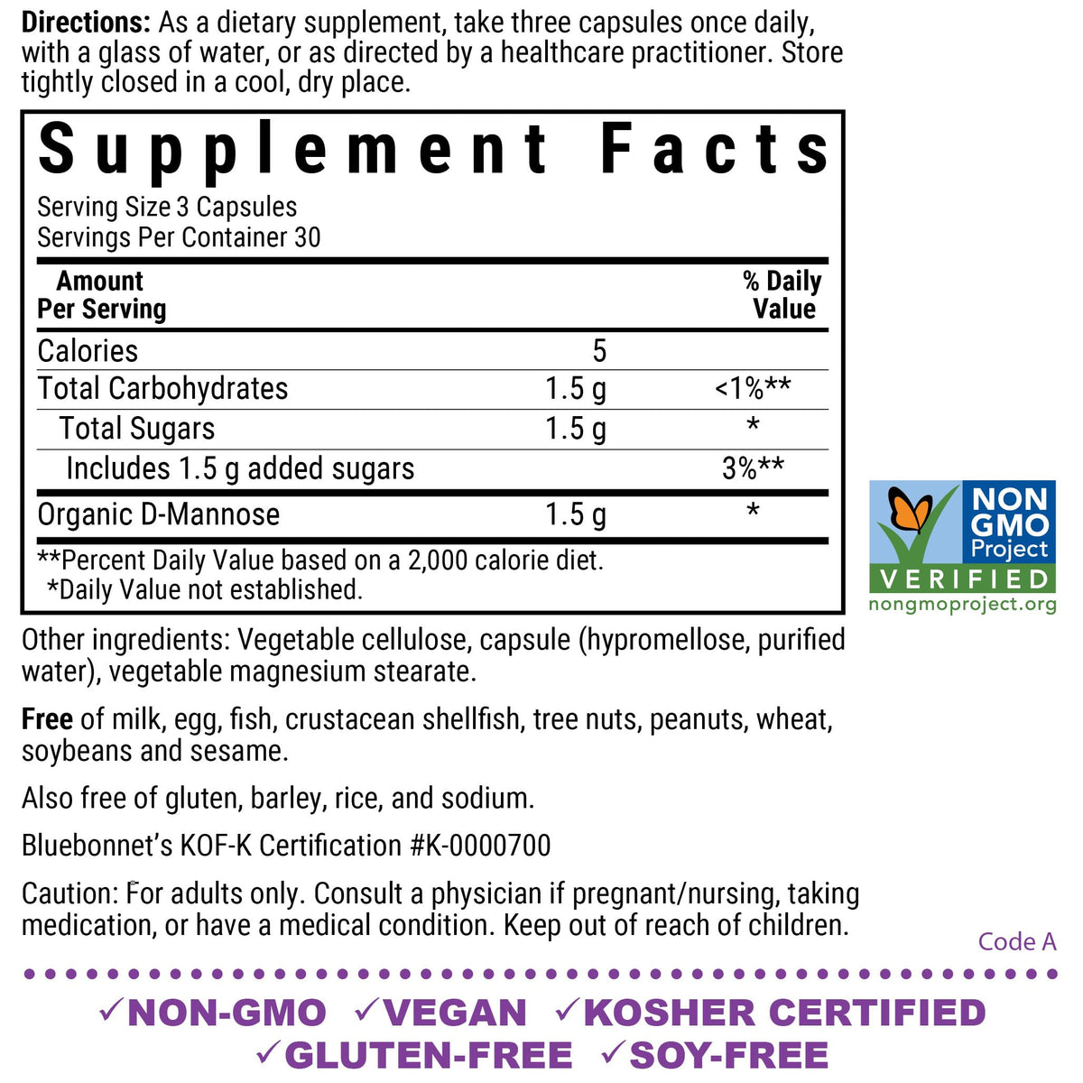 BlueBonnet D-Mannose 500 mg β Urinary Health Support (90 Veg Capsules)