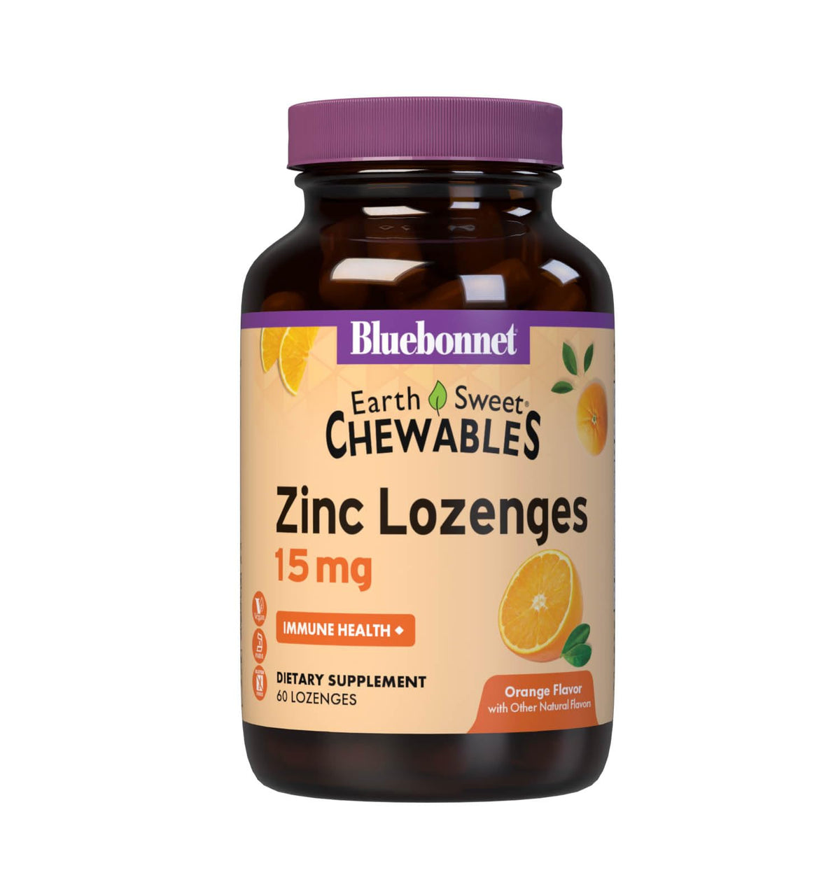 Bluebonnet EarthSweet Zinc Lozenges 15 mg + 100 mg Vitamin C β Orange Flavor, 60 Lozenges
